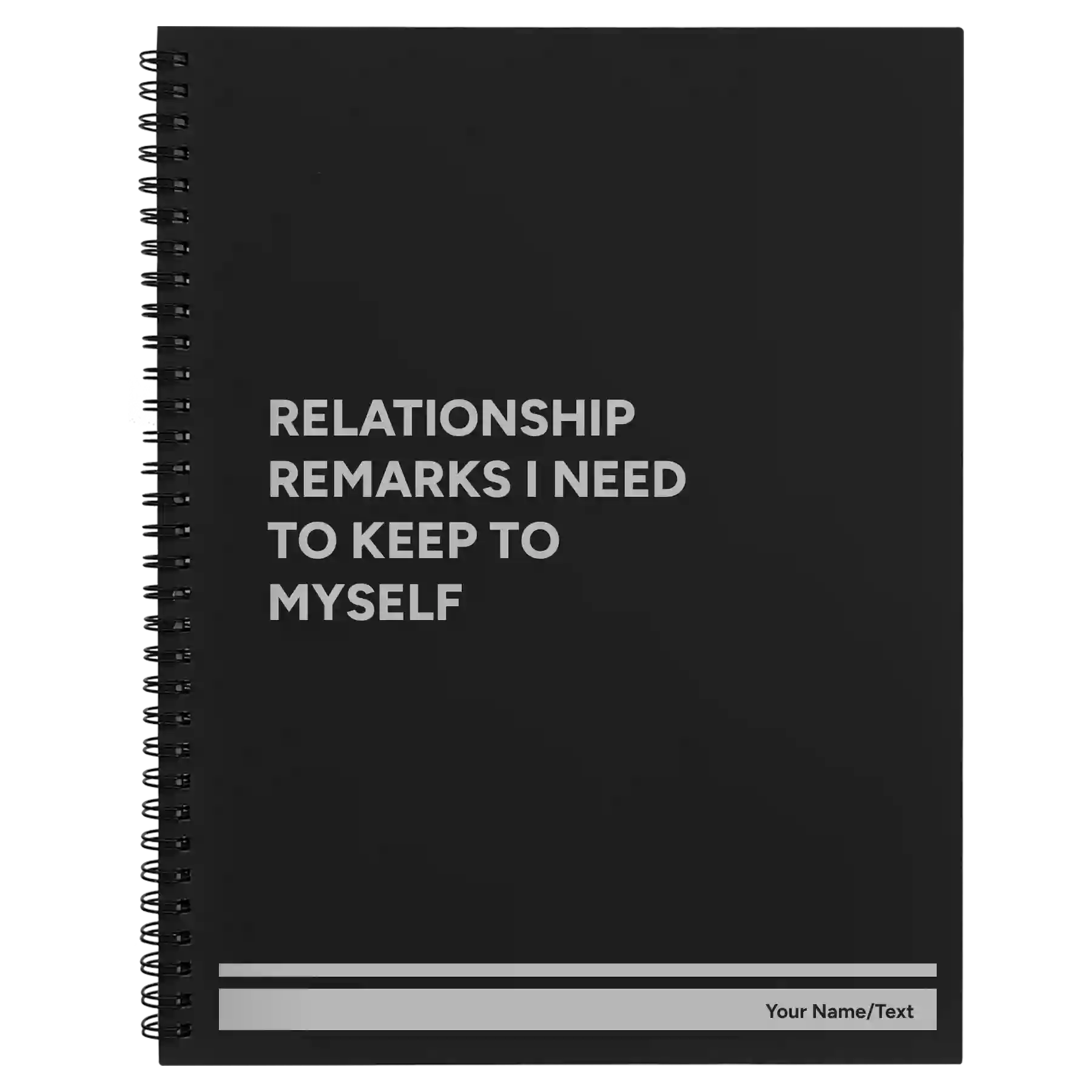 Large black spiral notebook laser etched with 'Relationship Remarks' design