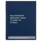 Large blue spiral notebook laser etched with 'Relationship Remarks' design
