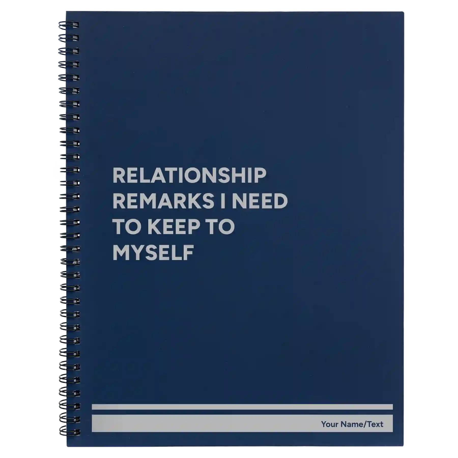 Large blue spiral notebook laser etched with 'Relationship Remarks' design