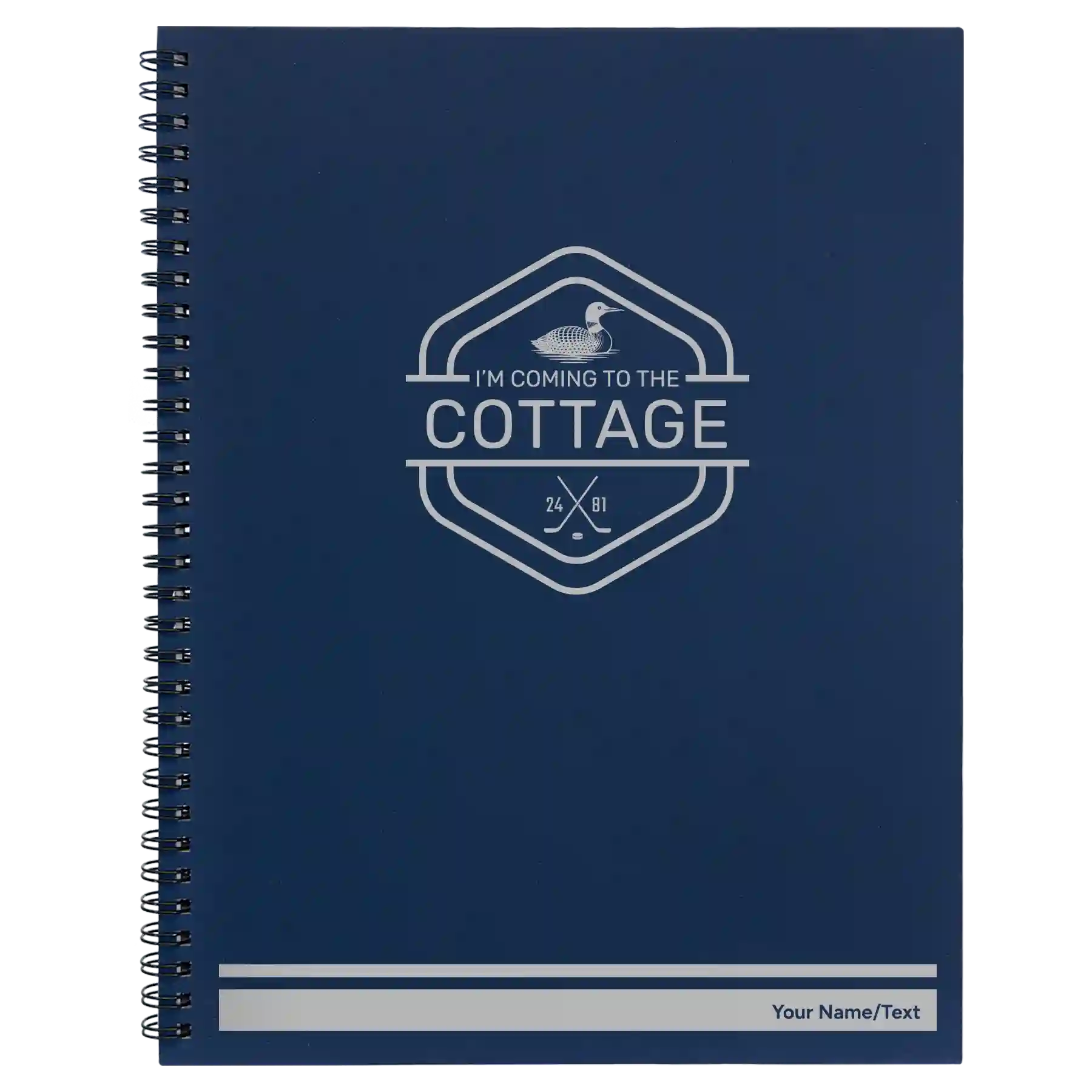 Large blue spiral notebook laser etched with 'I'm Coming to the Cottage (Loon)' design