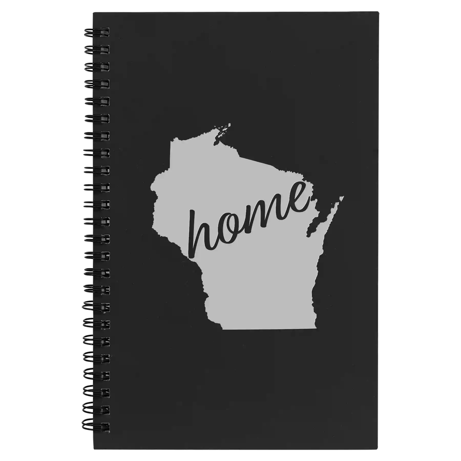 Small black spiral notebook laser etched with 'Wisconsin Home' design