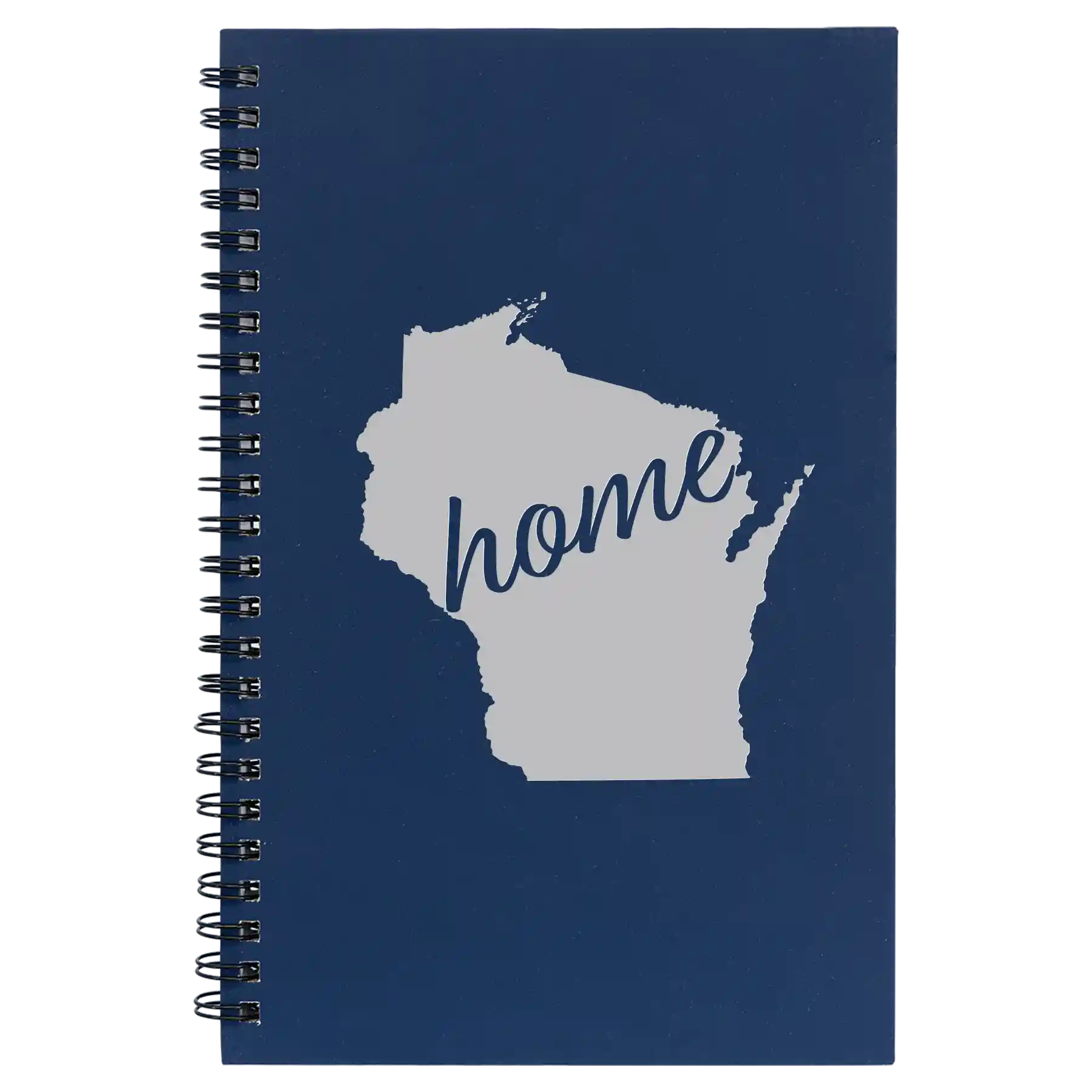 Small blue spiral notebook laser etched with 'Wisconsin Home' design