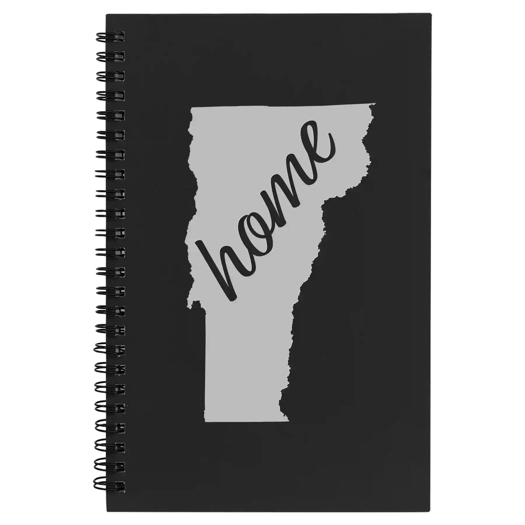 Small black spiral notebook laser etched with 'Vermont Home' design