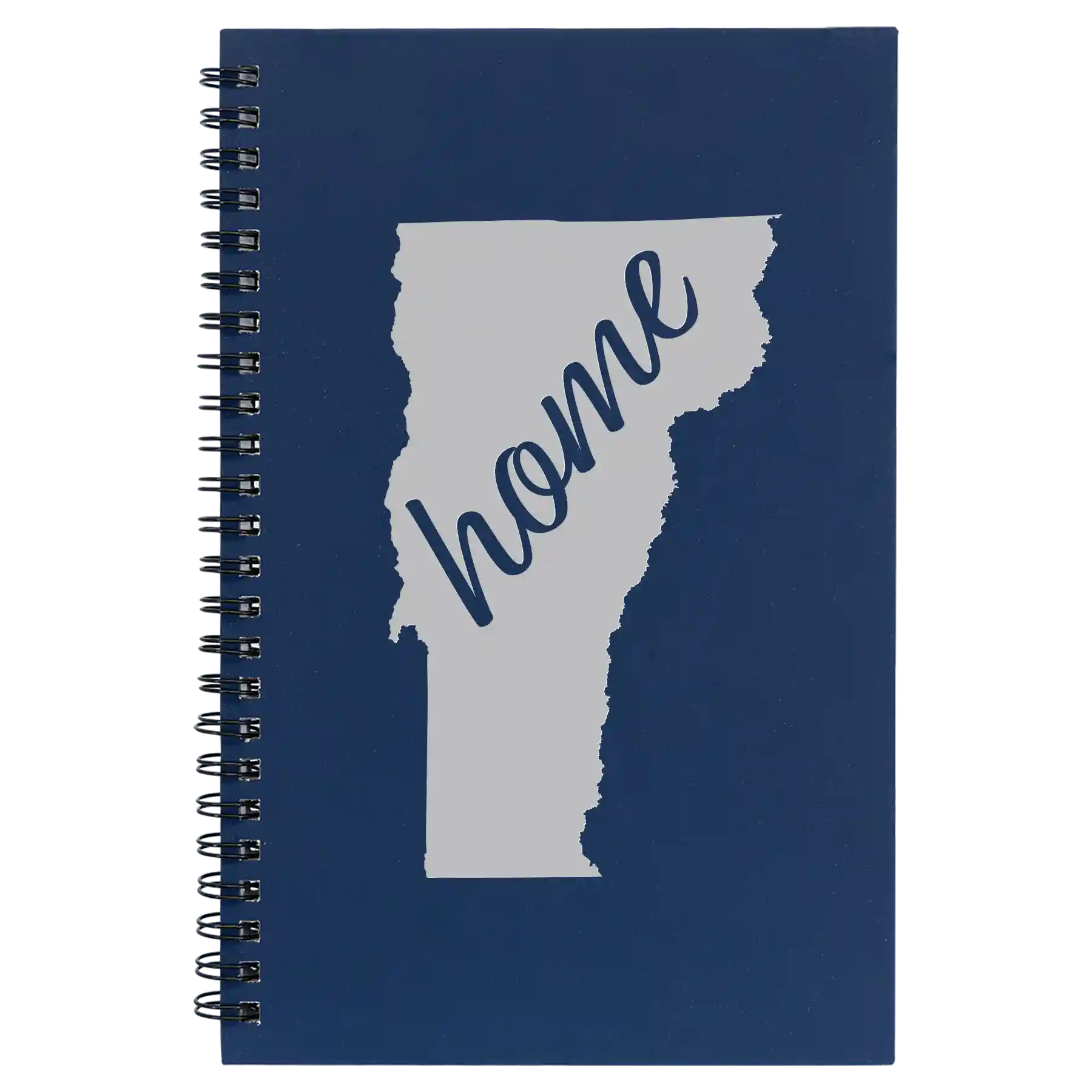 Small blue spiral notebook laser etched with 'Vermont Home' design
