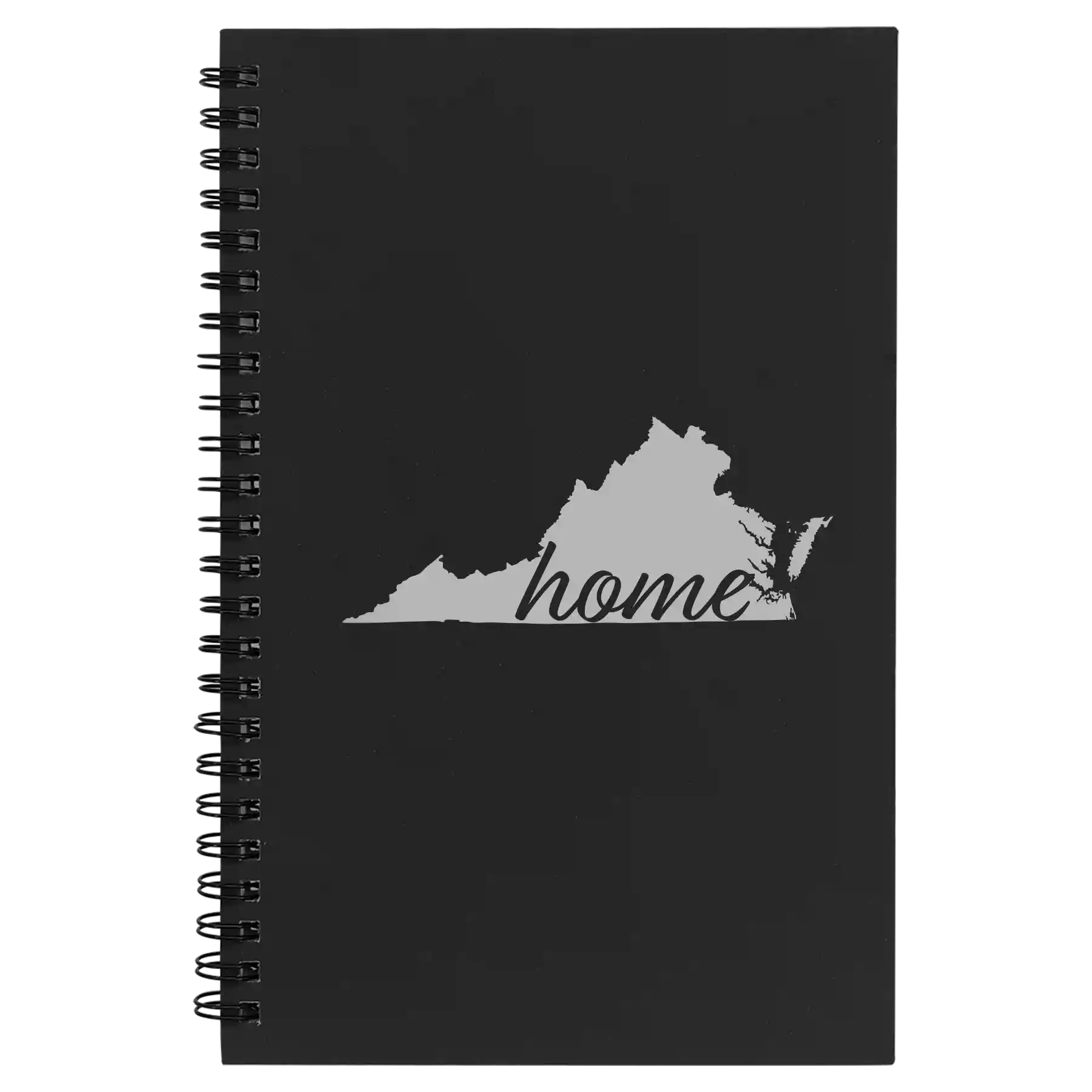 Small black spiral notebook laser etched with 'Virginia Home' design