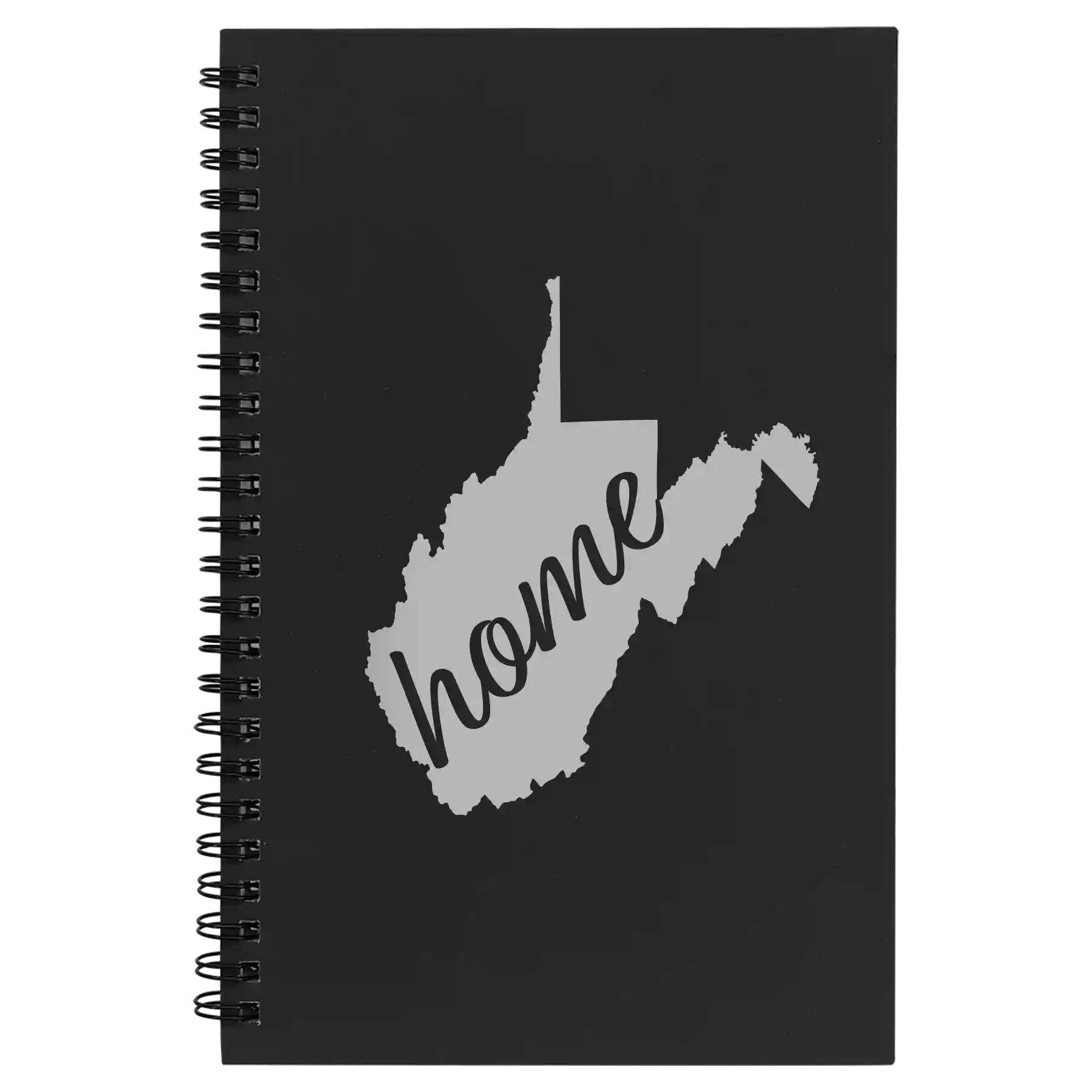 Small black spiral notebook laser etched with 'West Virginia Home' design