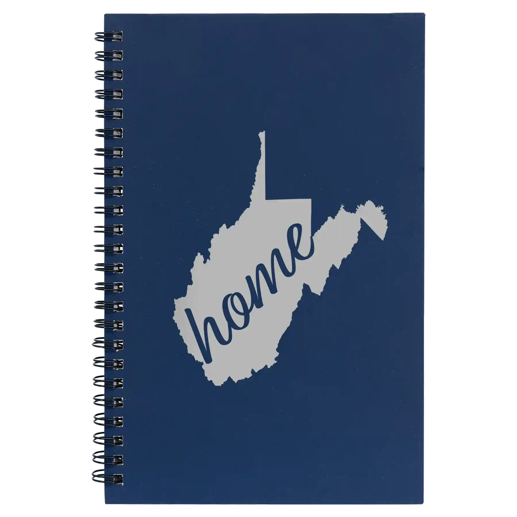 Small blue spiral notebook laser etched with 'West Virginia Home' design