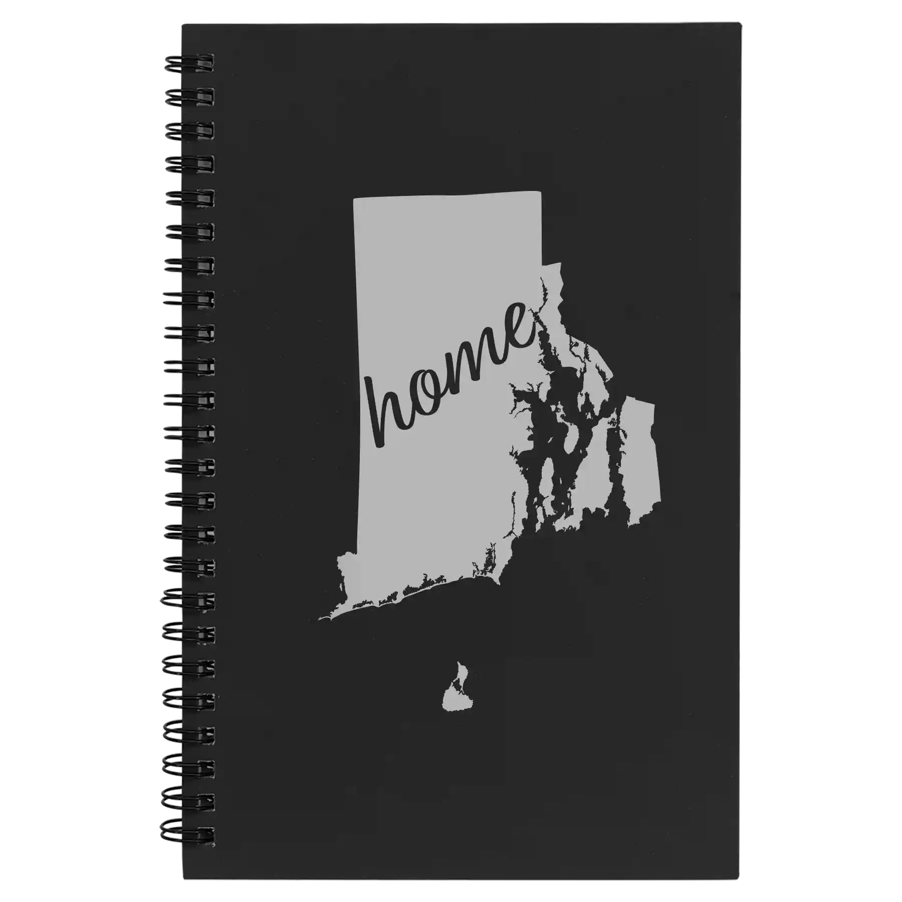 Small black spiral notebook laser etched with 'Rhode Island Home' design