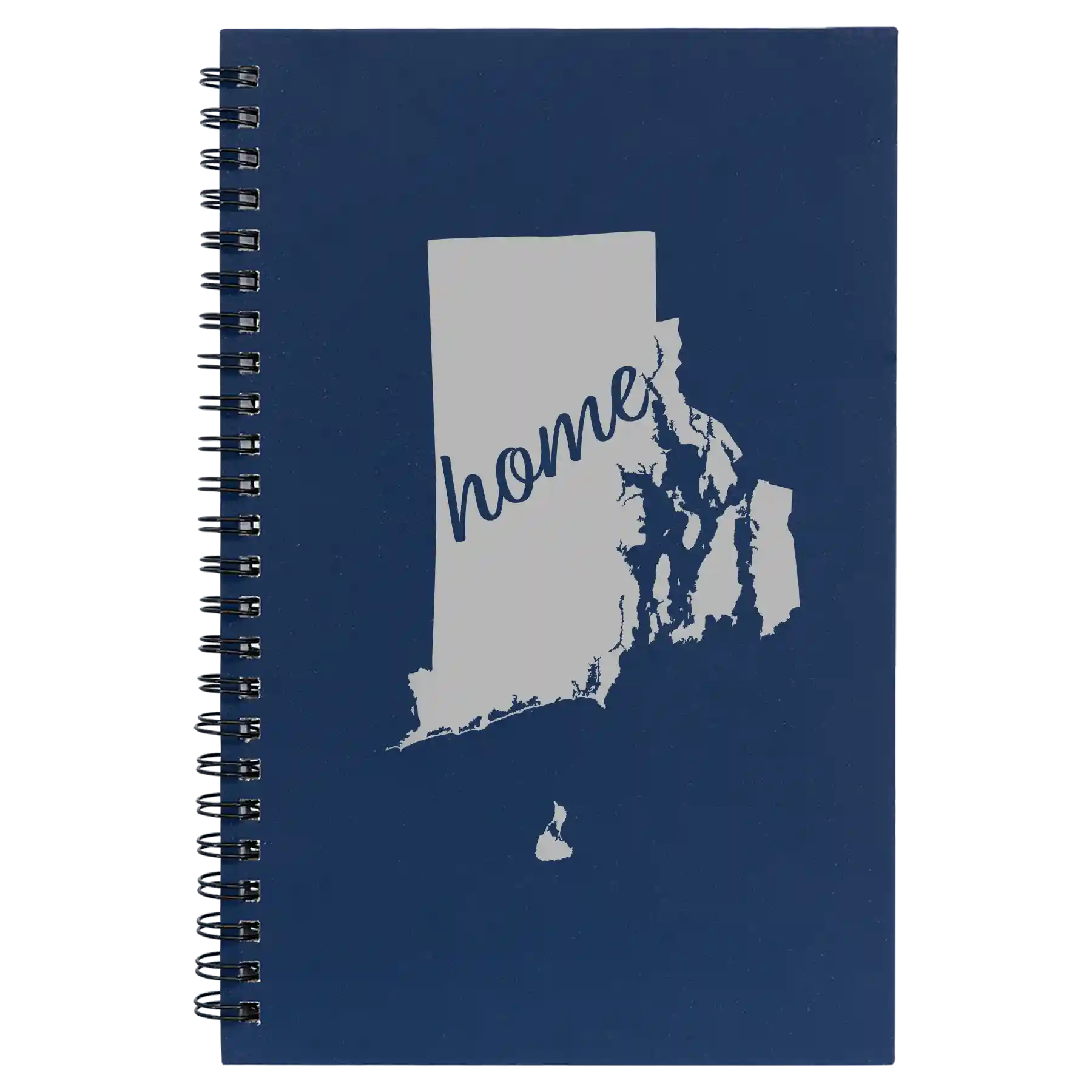 Small blue spiral notebook laser etched with 'Rhode Island Home' design