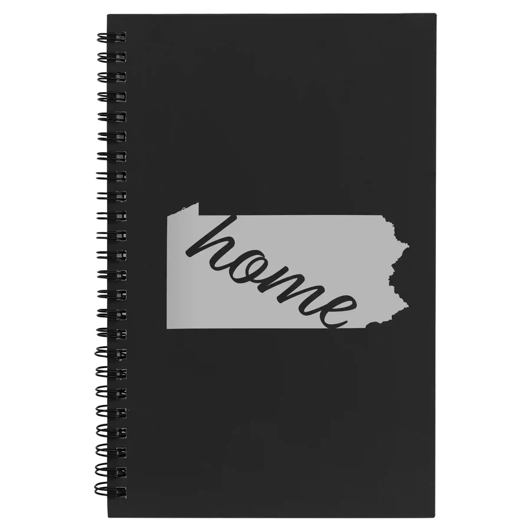 Small black spiral notebook laser etched with 'Pennsylvania Home' design