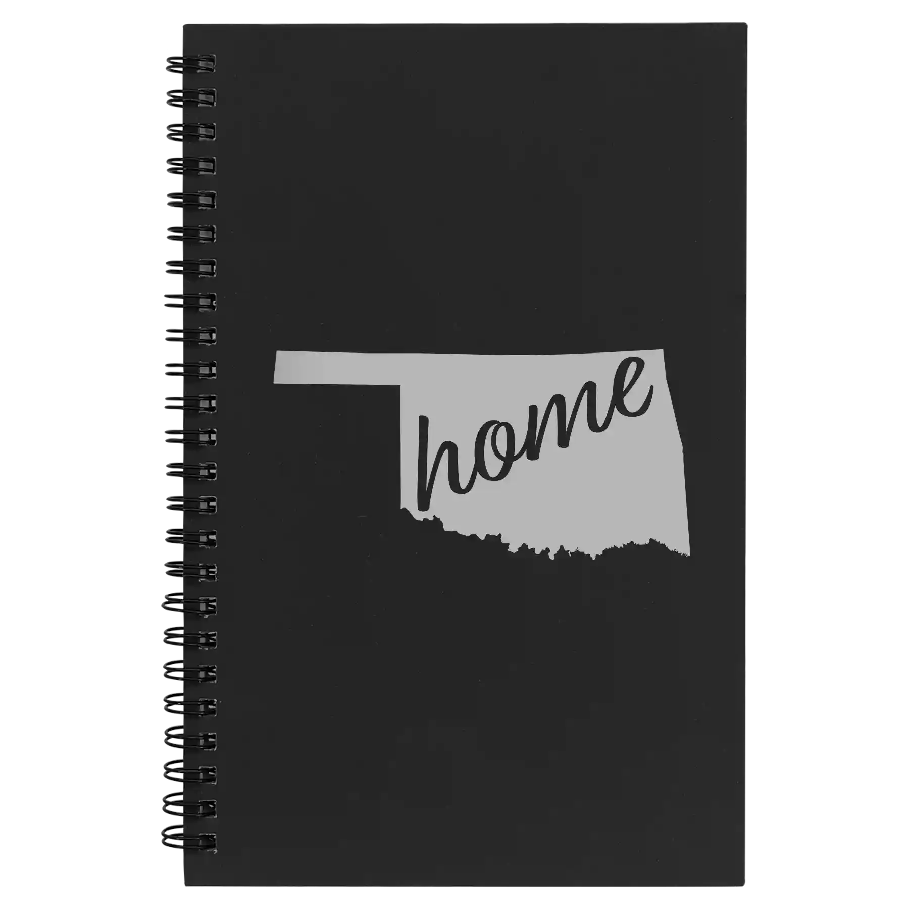 Small black spiral notebook laser etched with 'Oklahoma Home' design