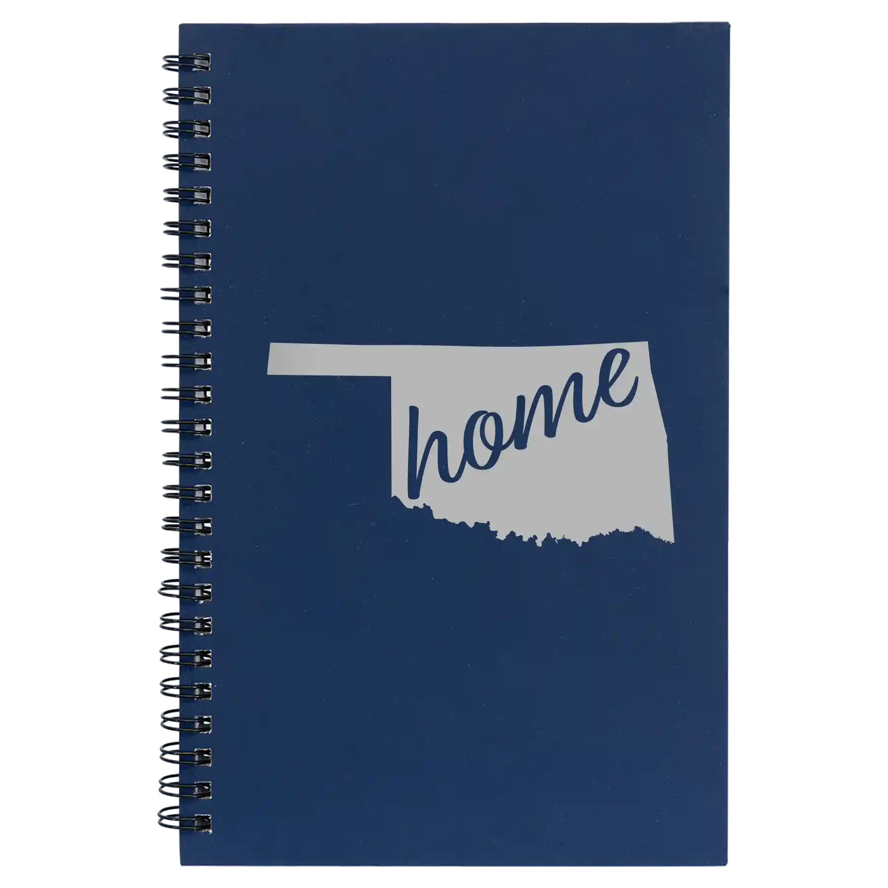 Small blue spiral notebook laser etched with 'Oklahoma Home' design