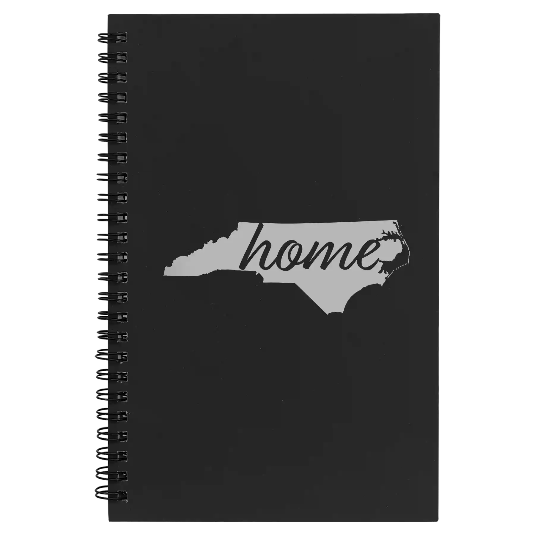 Small black spiral notebook laser etched with 'North Carolina Home' design