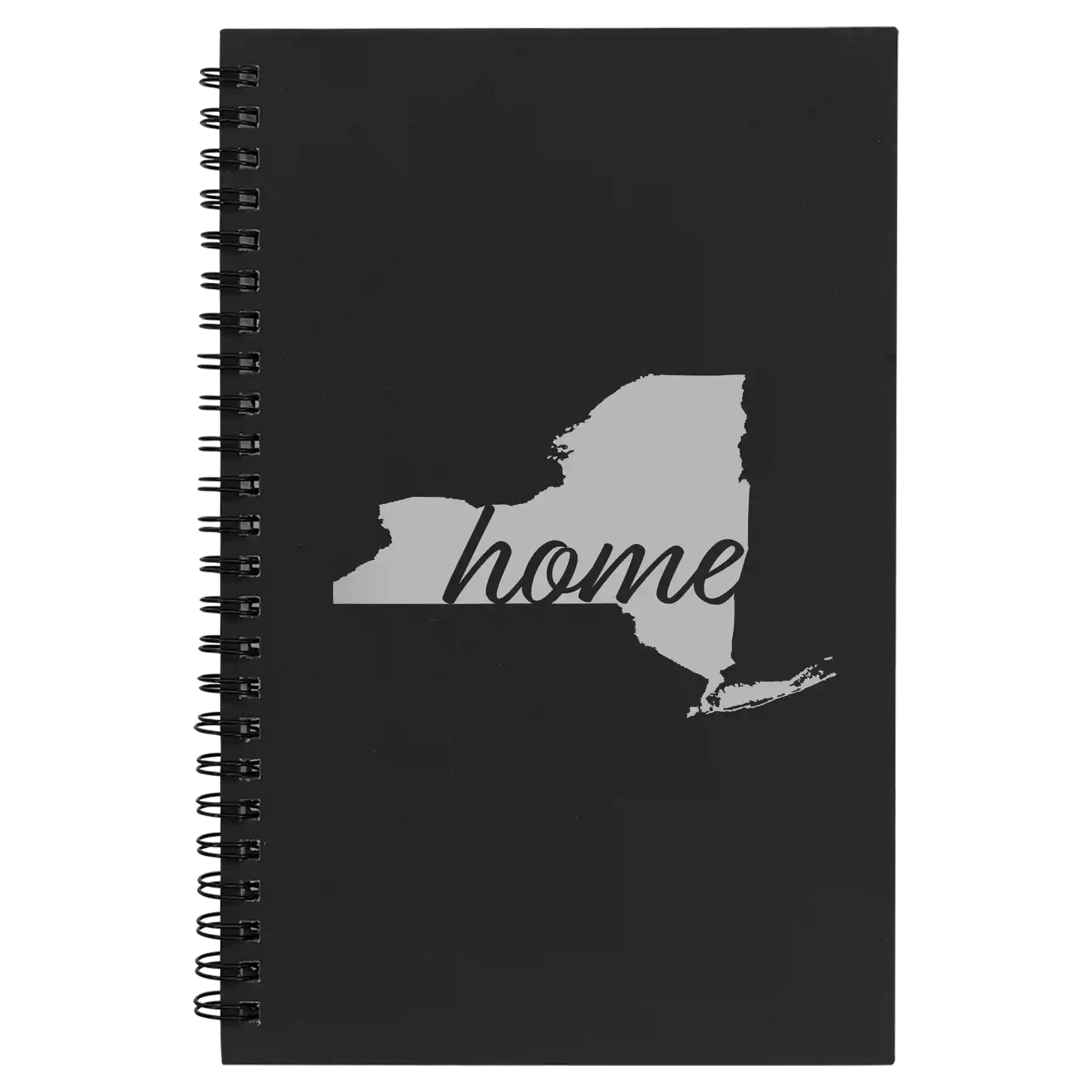 Small black spiral notebook laser etched with 'New York Home' design