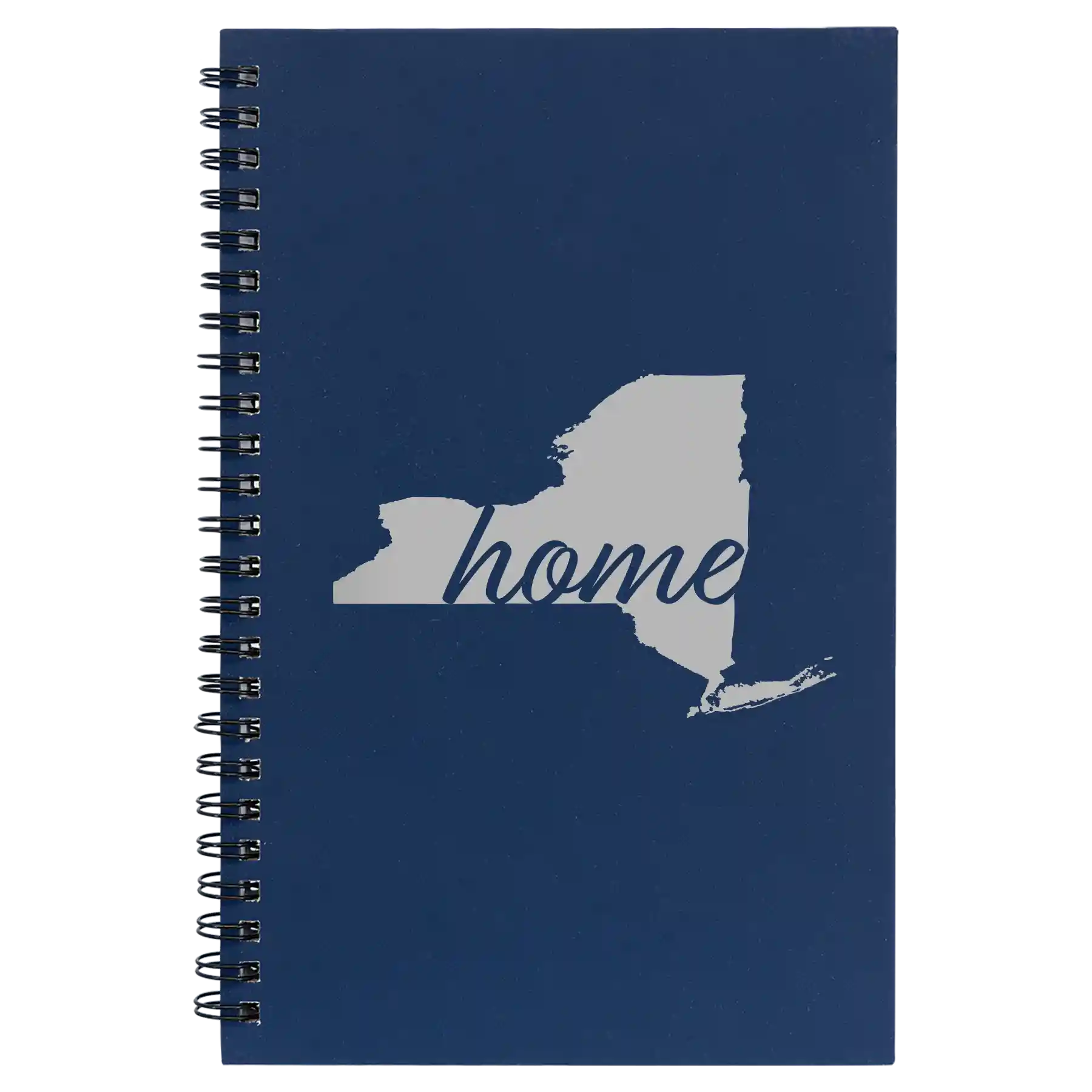 Small blue spiral notebook laser etched with 'New York Home' design