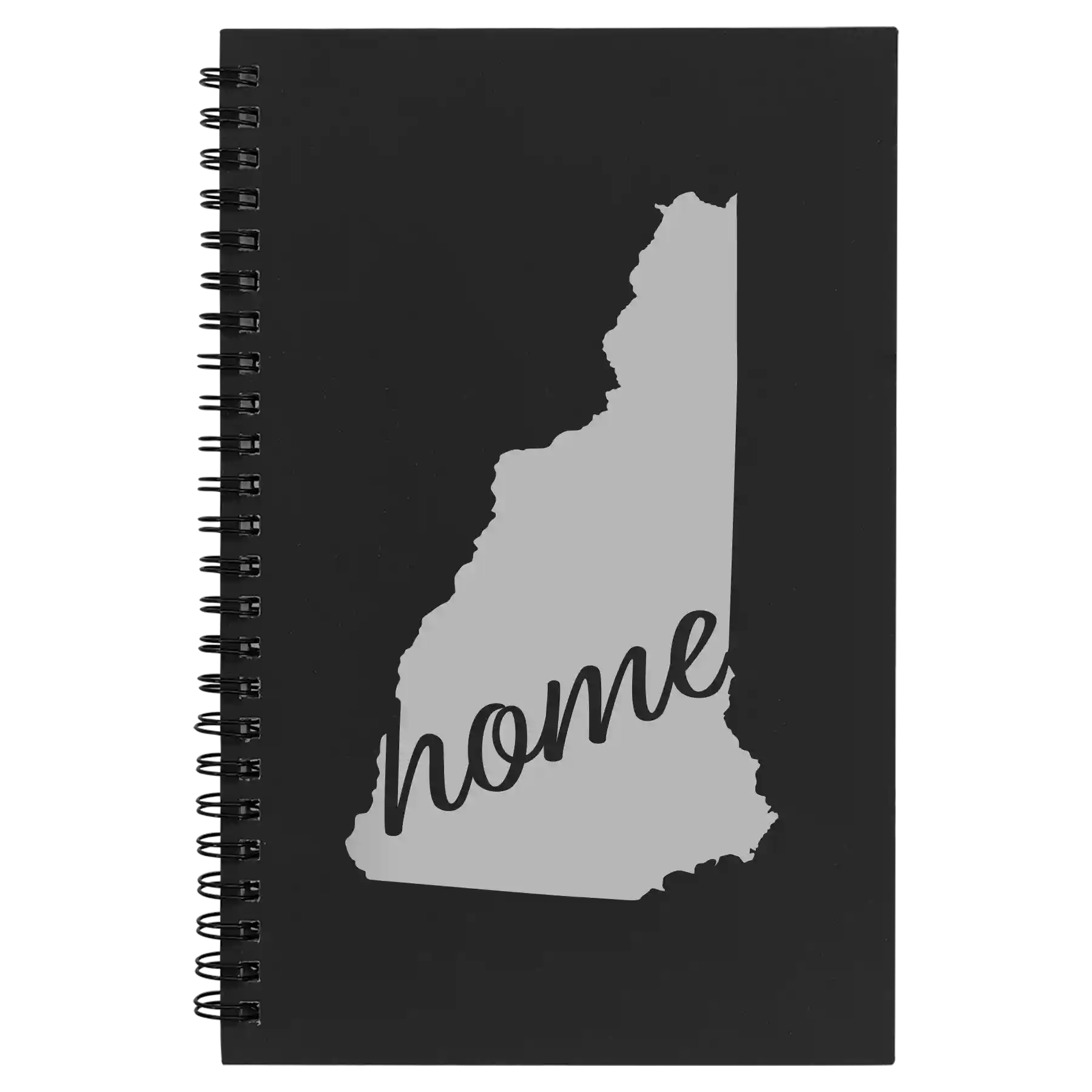 Small black spiral notebook laser etched with 'New Hampshire Home' design