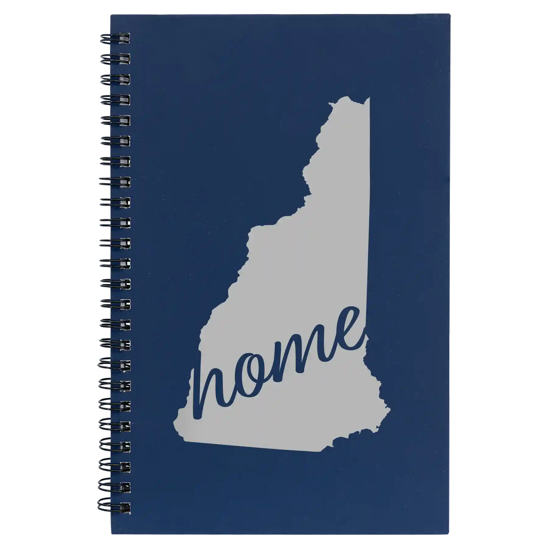 Small blue spiral notebook laser etched with 'New Hampshire Home' design