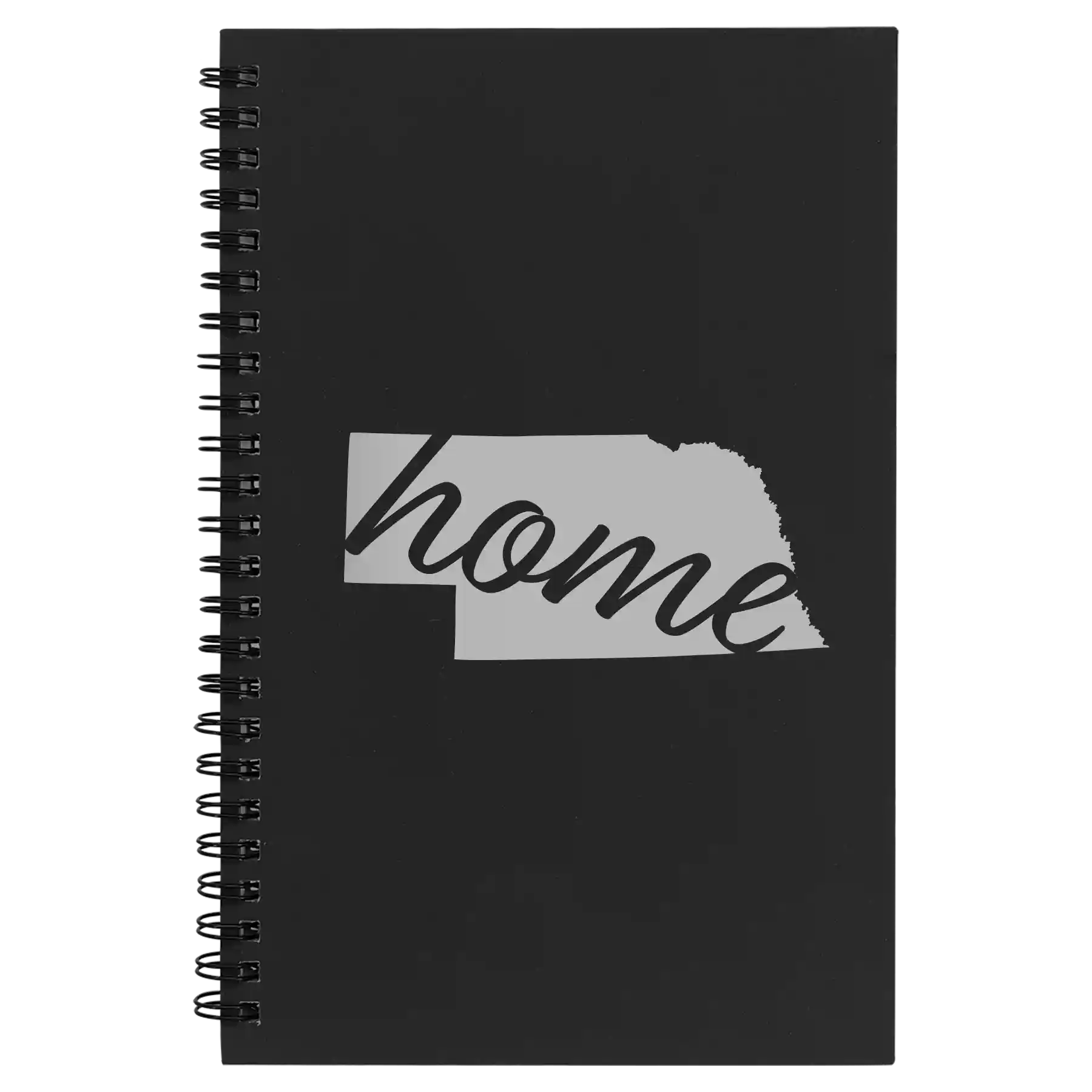 Small black spiral notebook laser etched with 'Nebraska Home' design