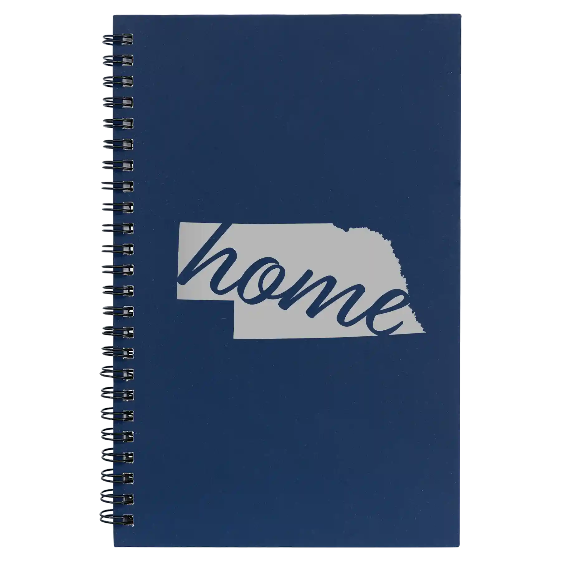 Small blue spiral notebook laser etched with 'Nebraska Home' design