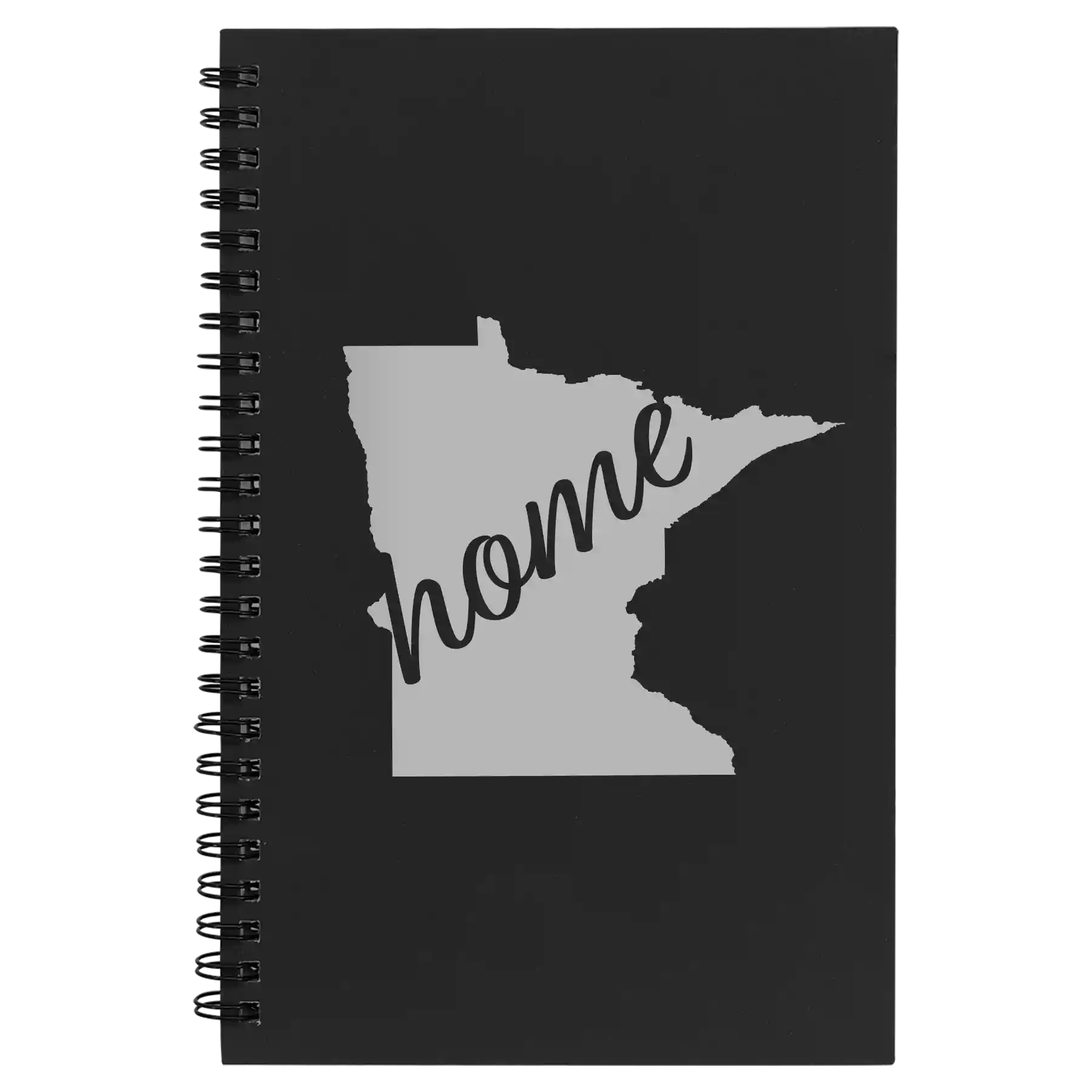 Small black spiral notebook laser etched with 'Minnesota Home' design