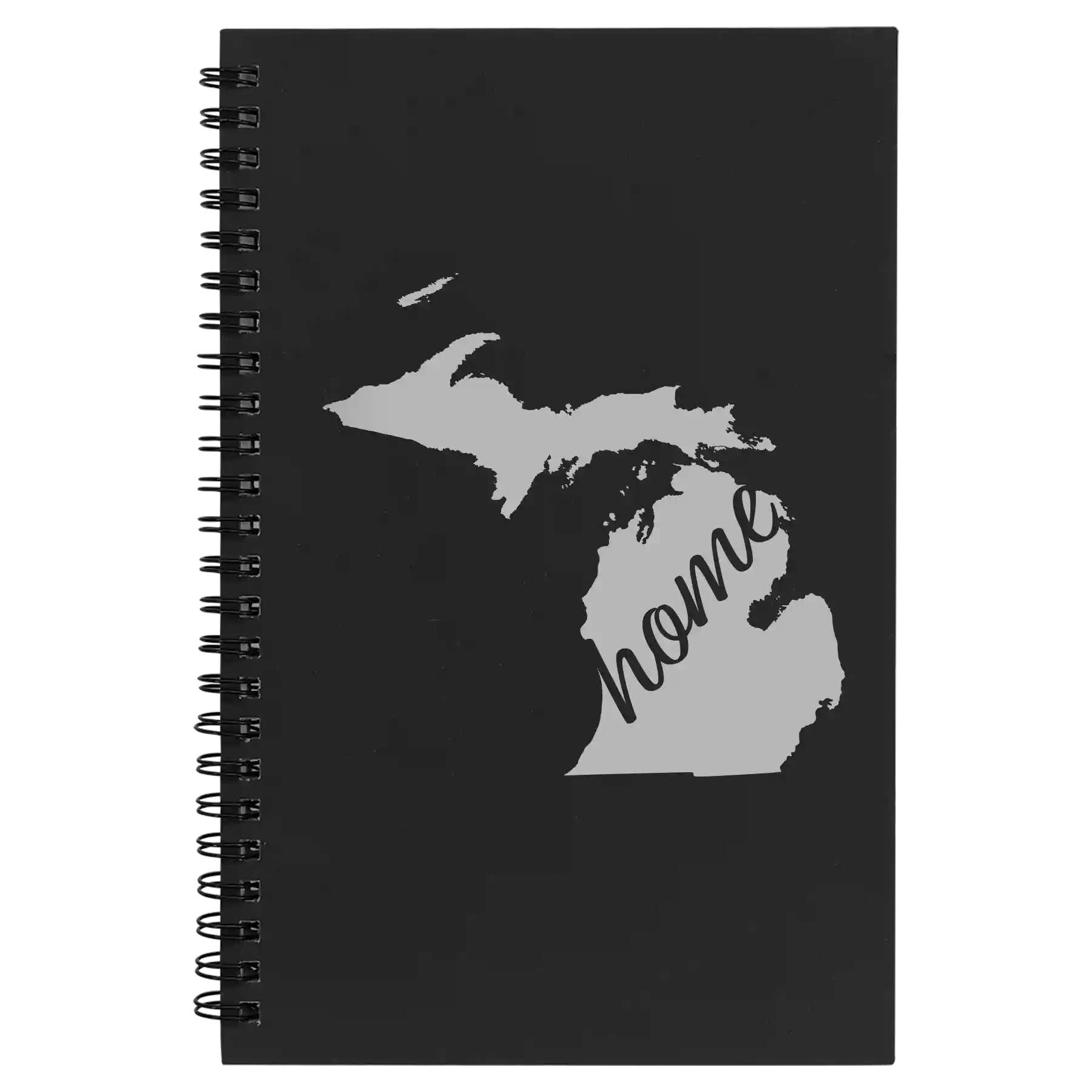 Small black spiral notebook laser etched with 'Michigan Home' design