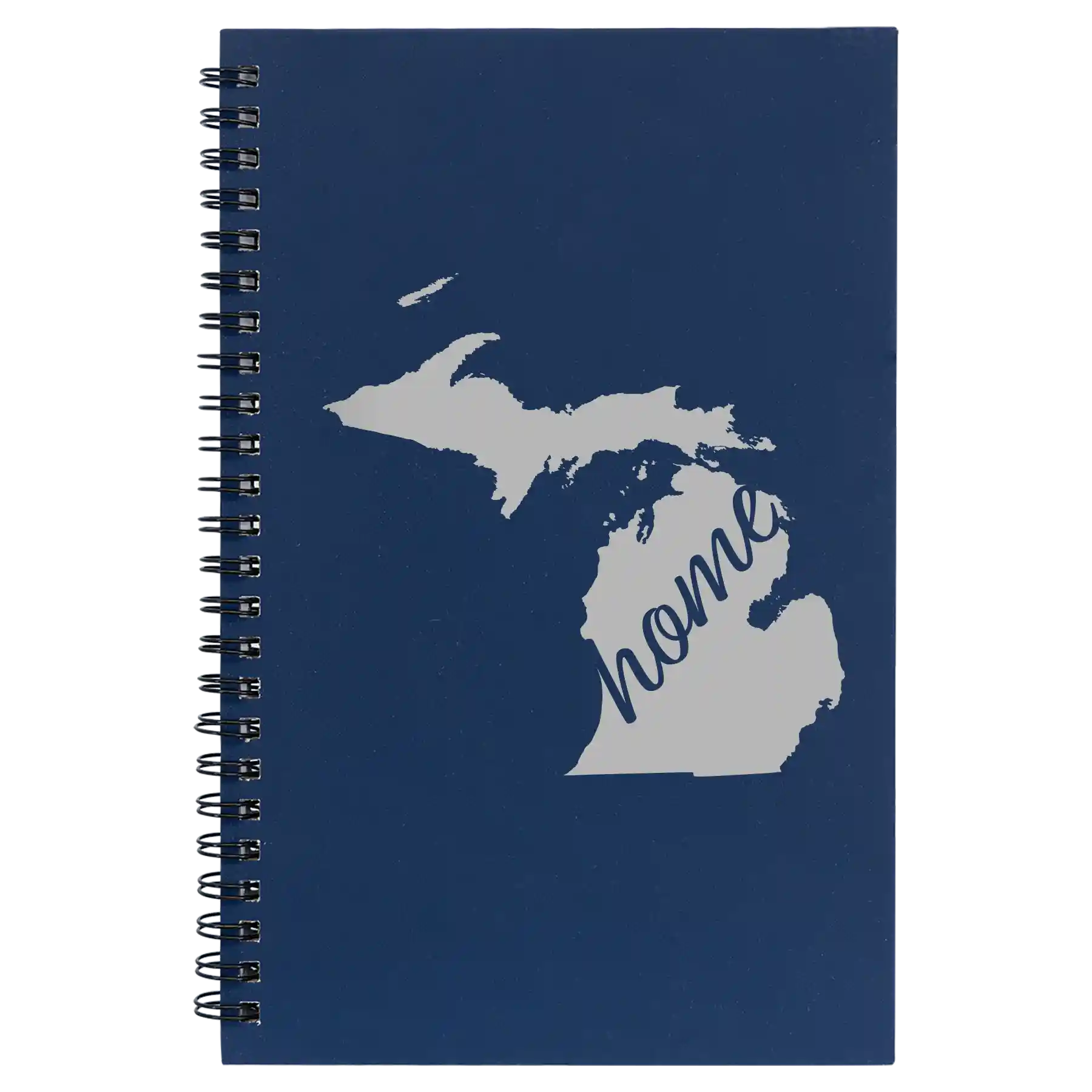 Small blue spiral notebook laser etched with 'Michigan Home' design