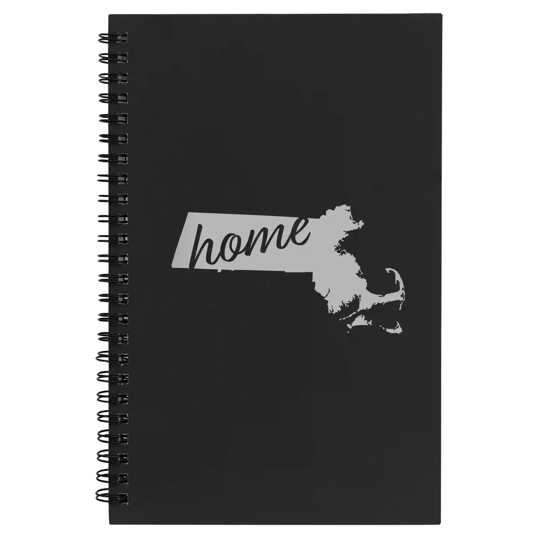 Small black spiral notebook laser etched with 'Massachusetts Home' design