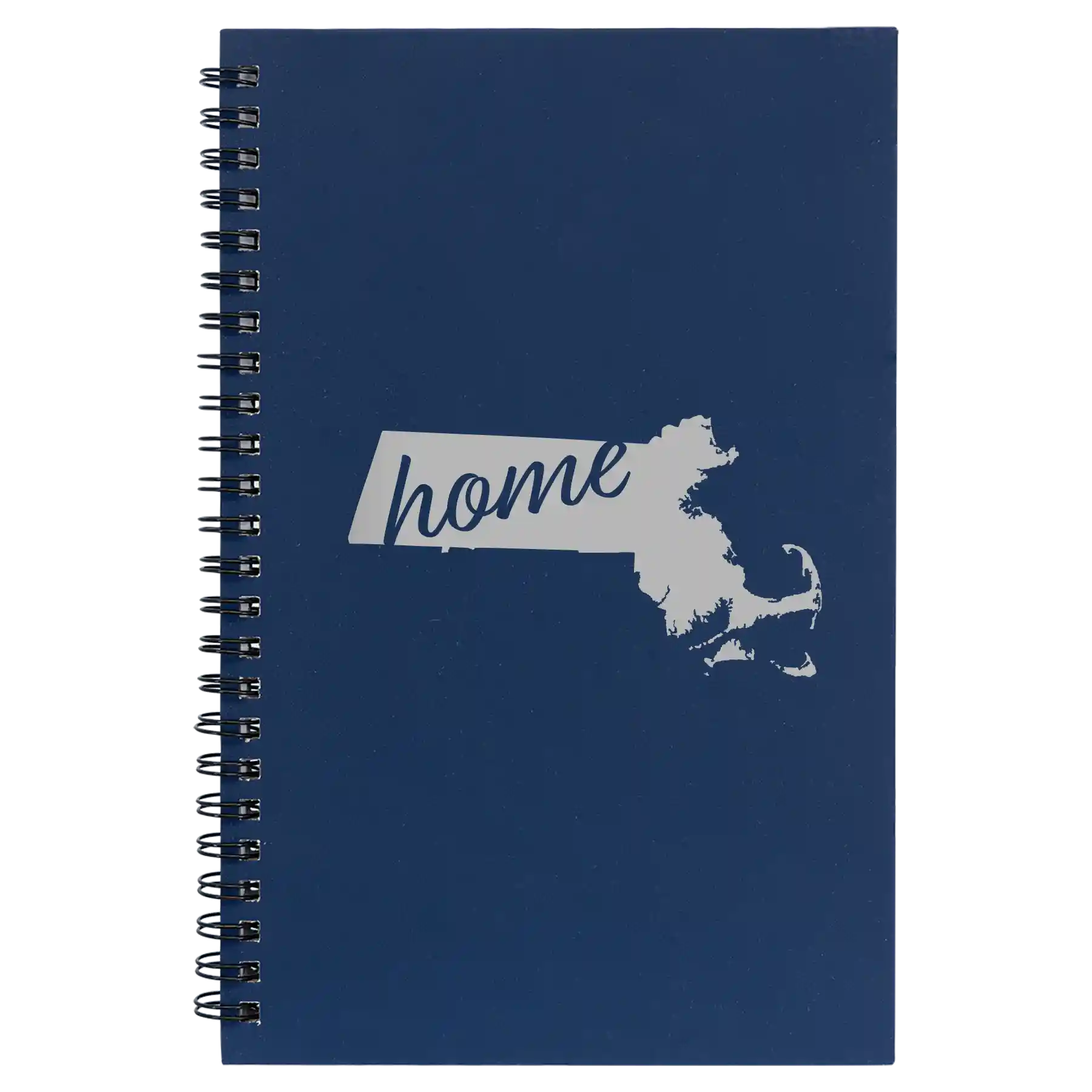 Small blue spiral notebook laser etched with 'Massachusetts Home' design