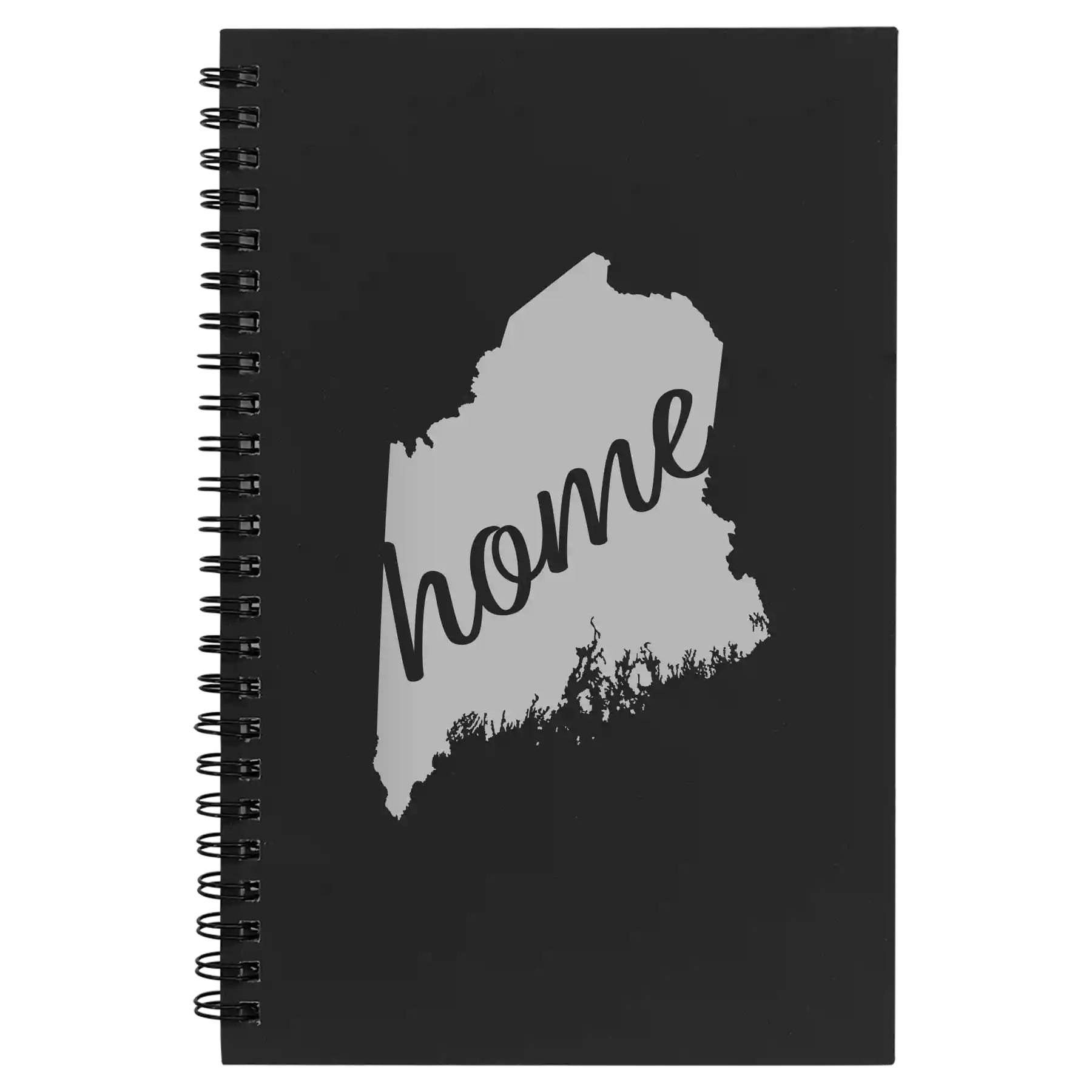 Small black spiral notebook laser etched with 'Maine Home' design