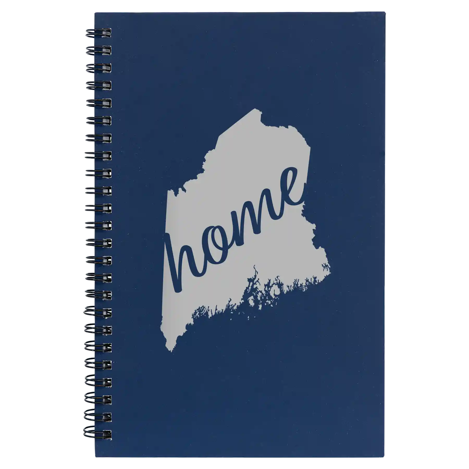 Small blue spiral notebook laser etched with 'Maine Home' design