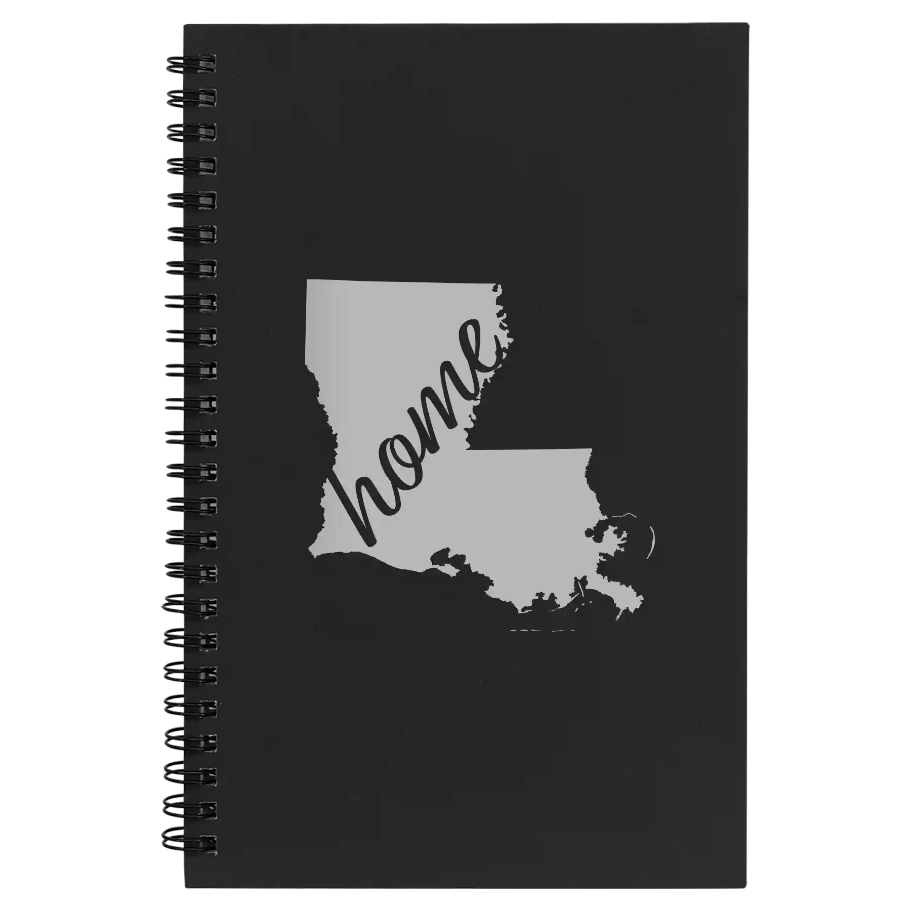 Small black spiral notebook laser etched with 'Louisiana Home' design