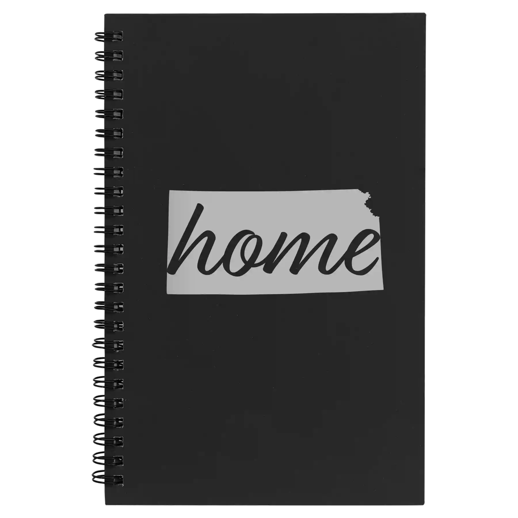 Small black spiral notebook laser etched with 'Kansas Home' design