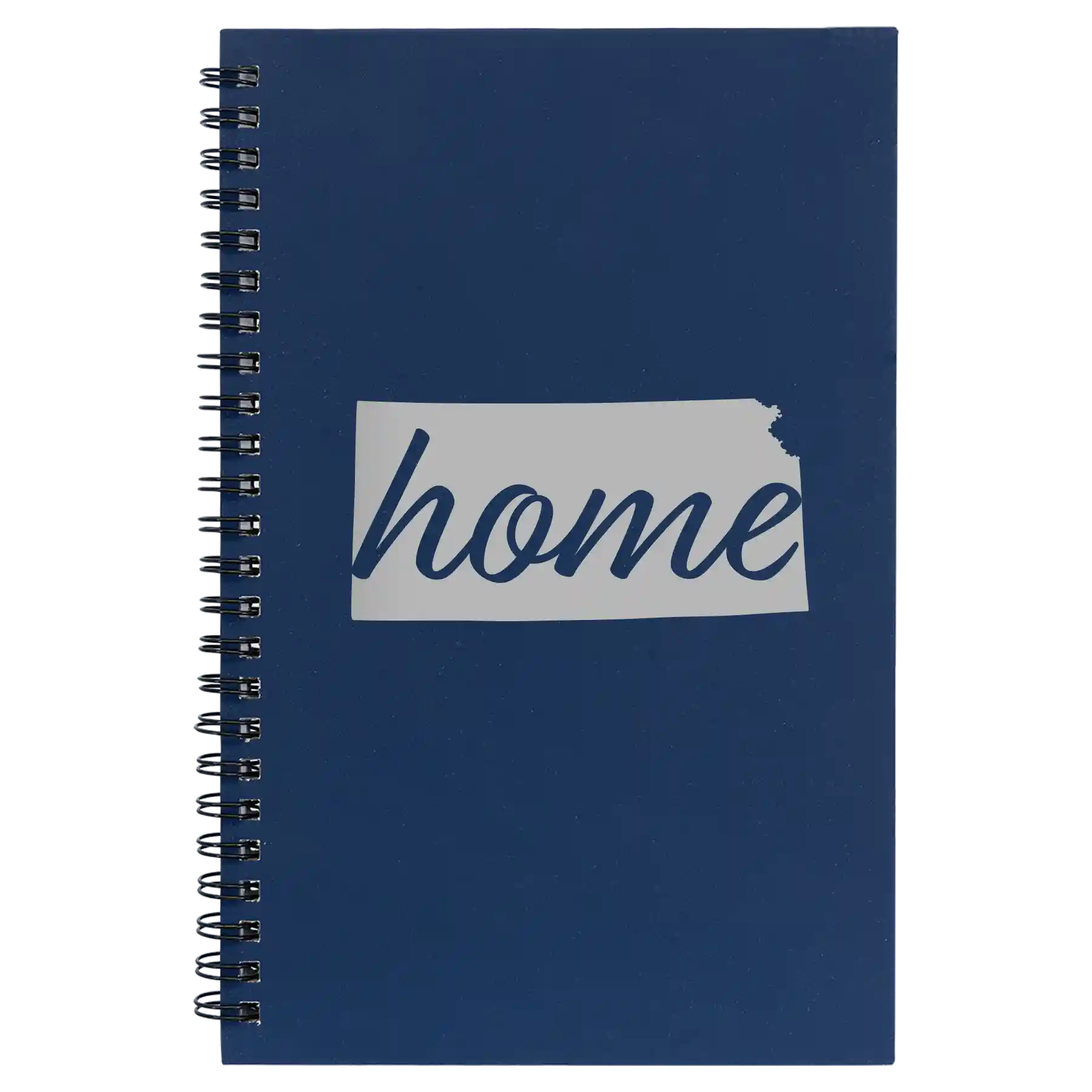 Small blue spiral notebook laser etched with 'Kansas Home' design