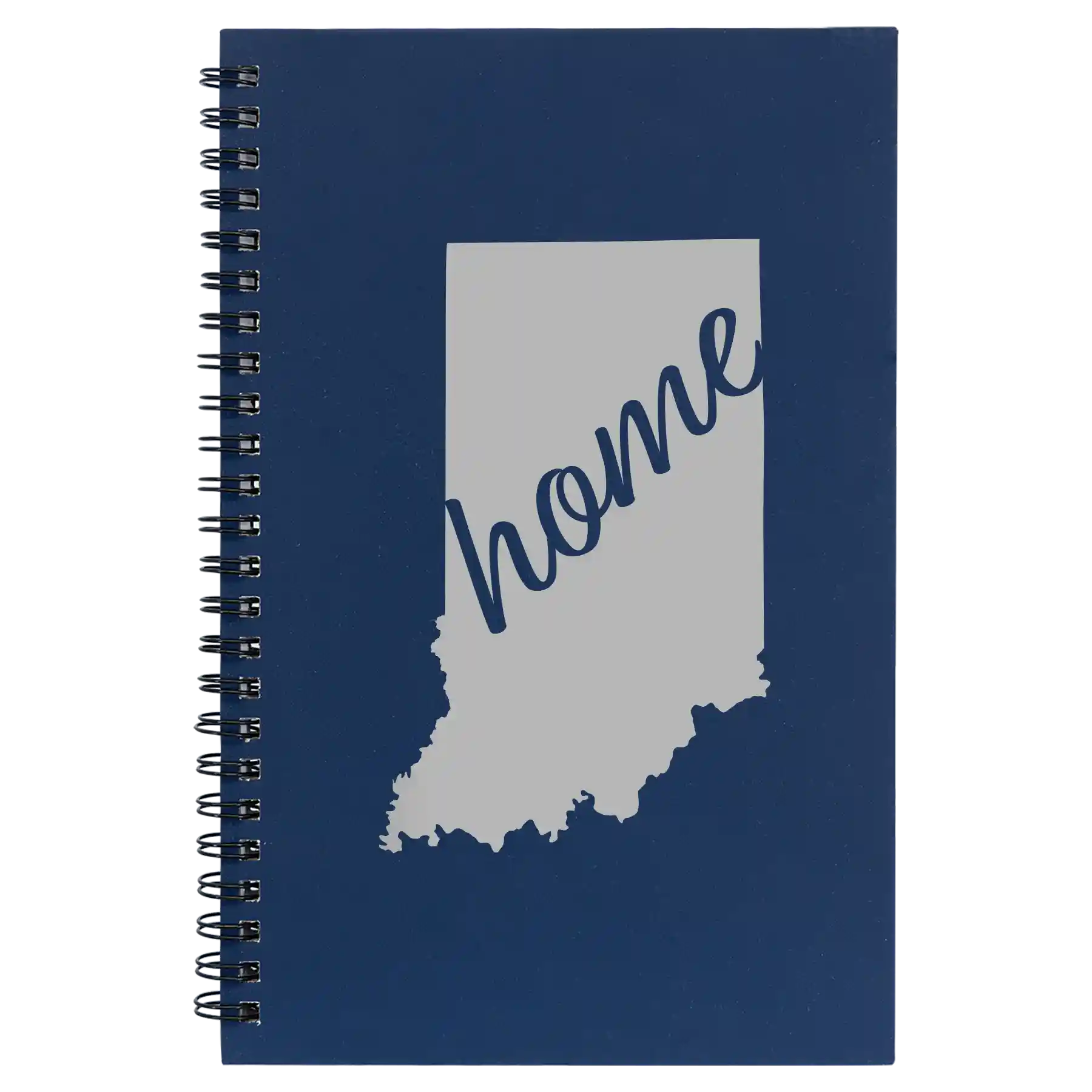 Small blue spiral notebook laser etched with 'Indiana Home' design