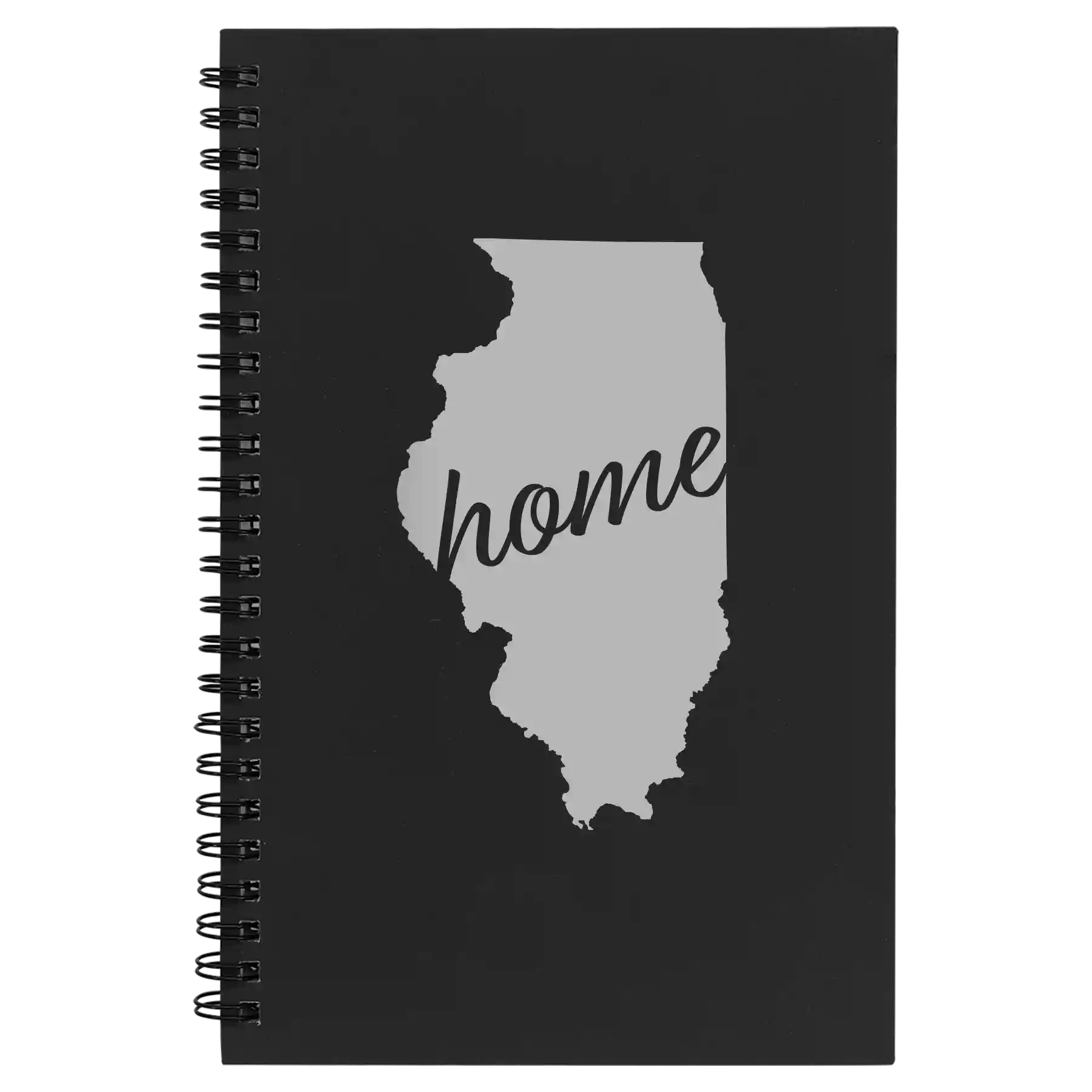Small black spiral notebook laser etched with 'Illinois Home' design