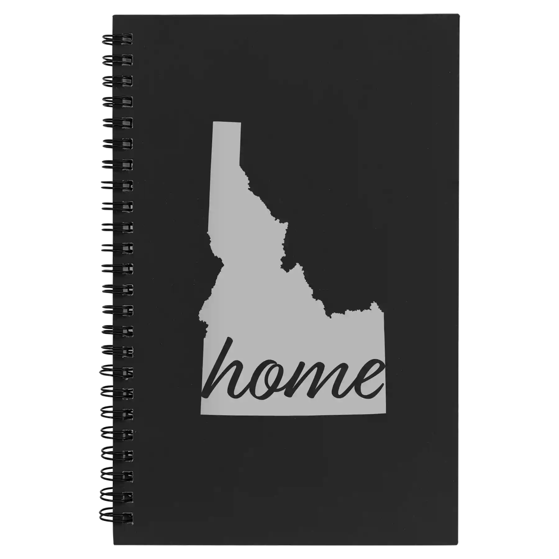 Small black spiral notebook laser etched with 'Idaho Home' design