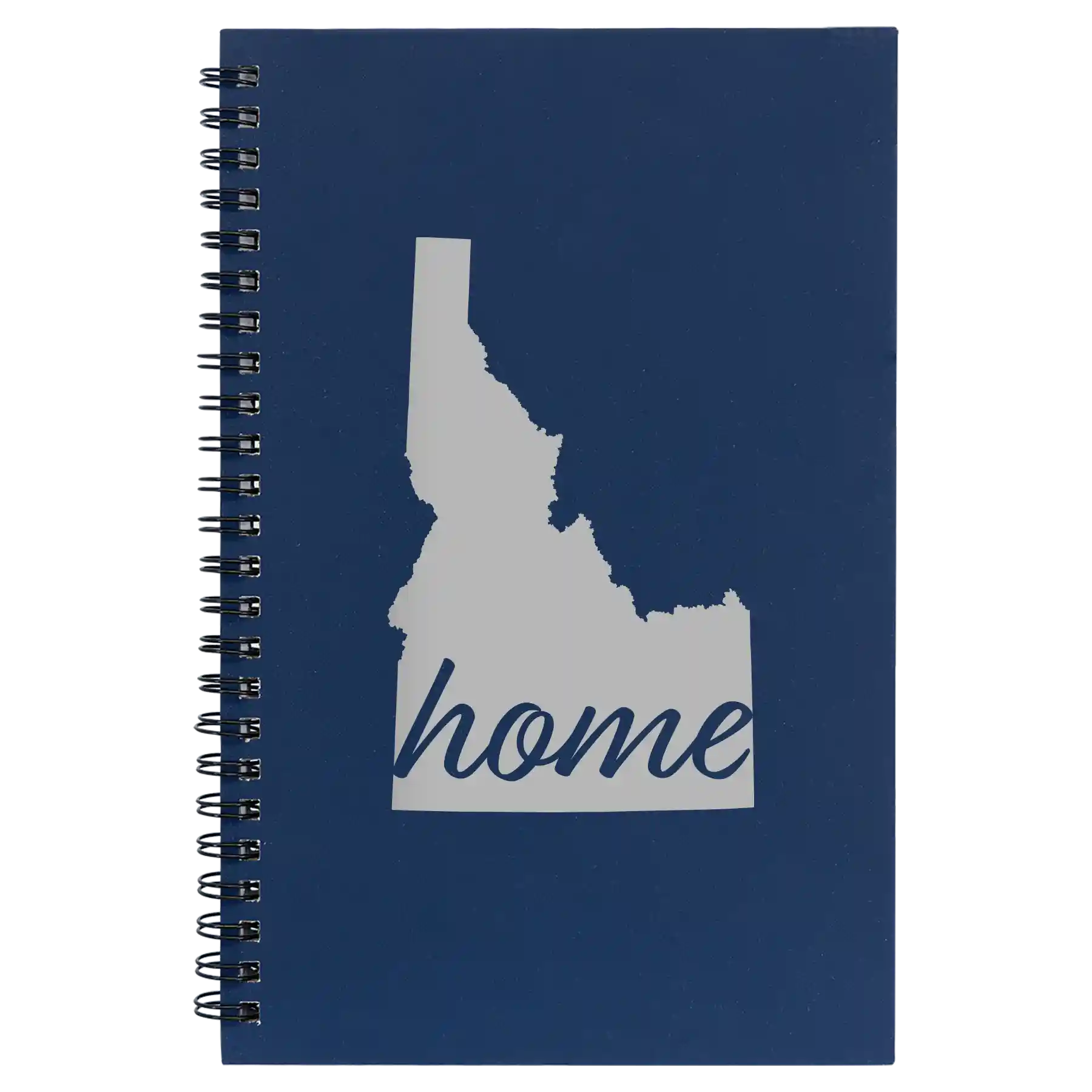Small blue spiral notebook laser etched with 'Idaho Home' design