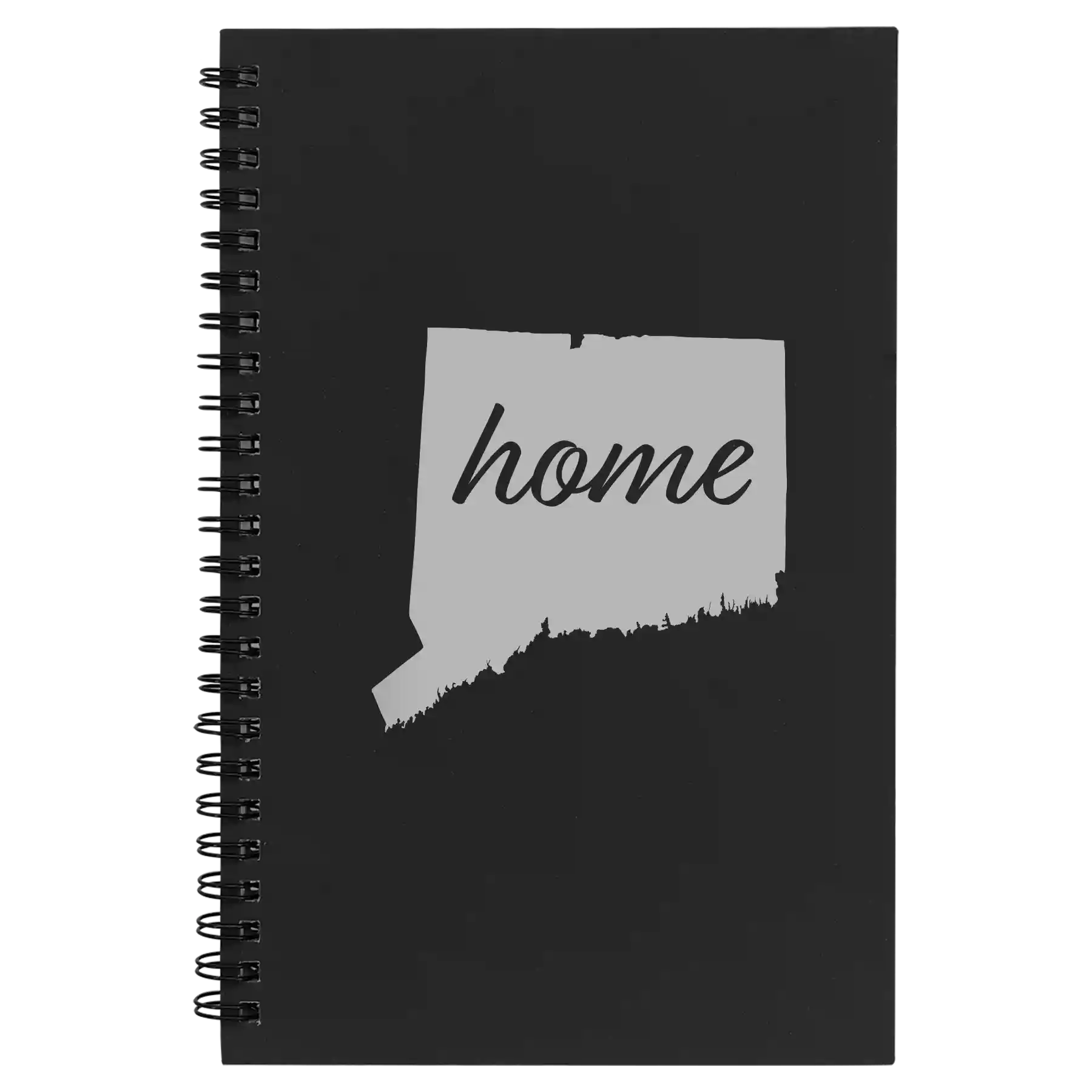 Small black spiral notebook laser etched with 'Connecticut Home' design