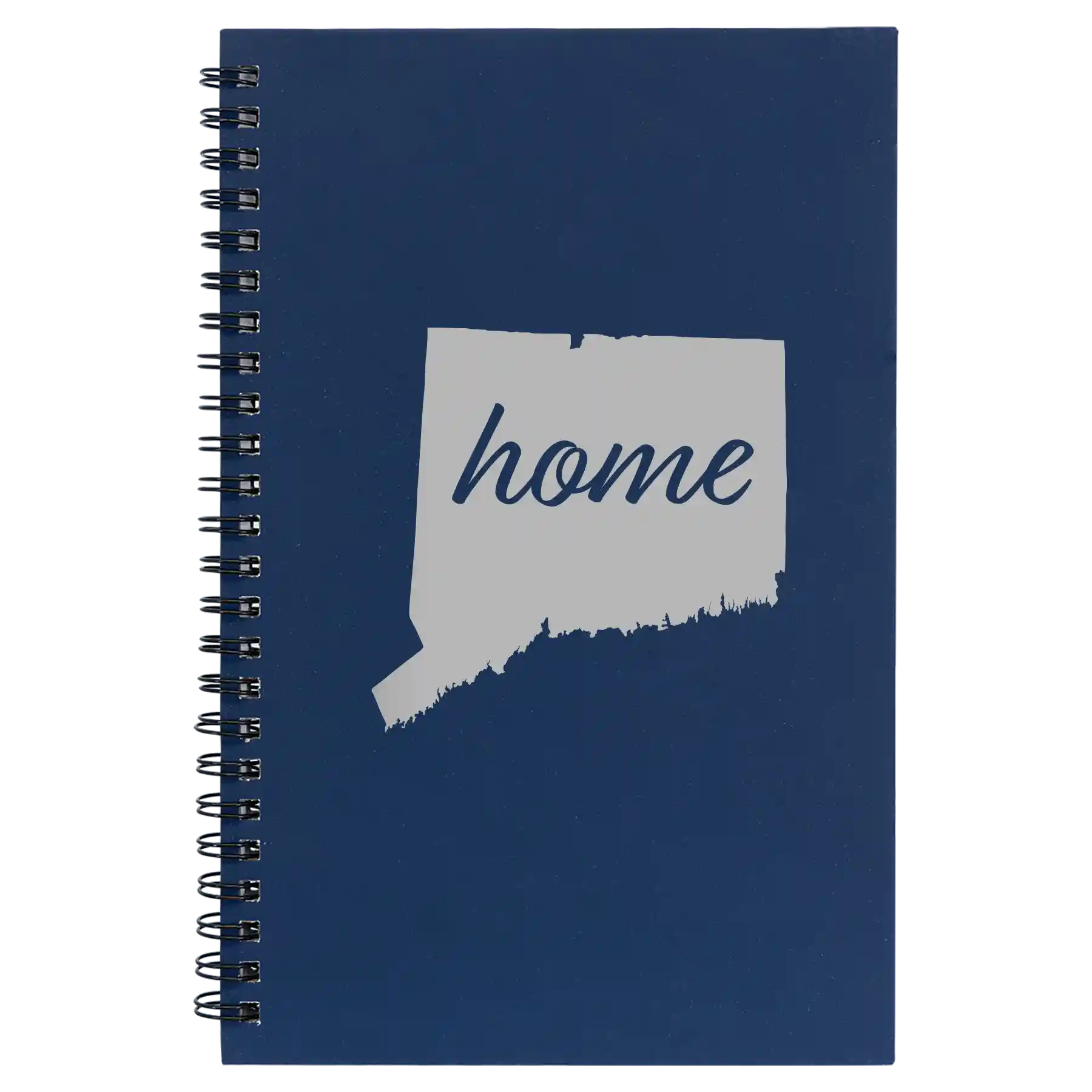 Small blue spiral notebook laser etched with 'Connecticut Home' design