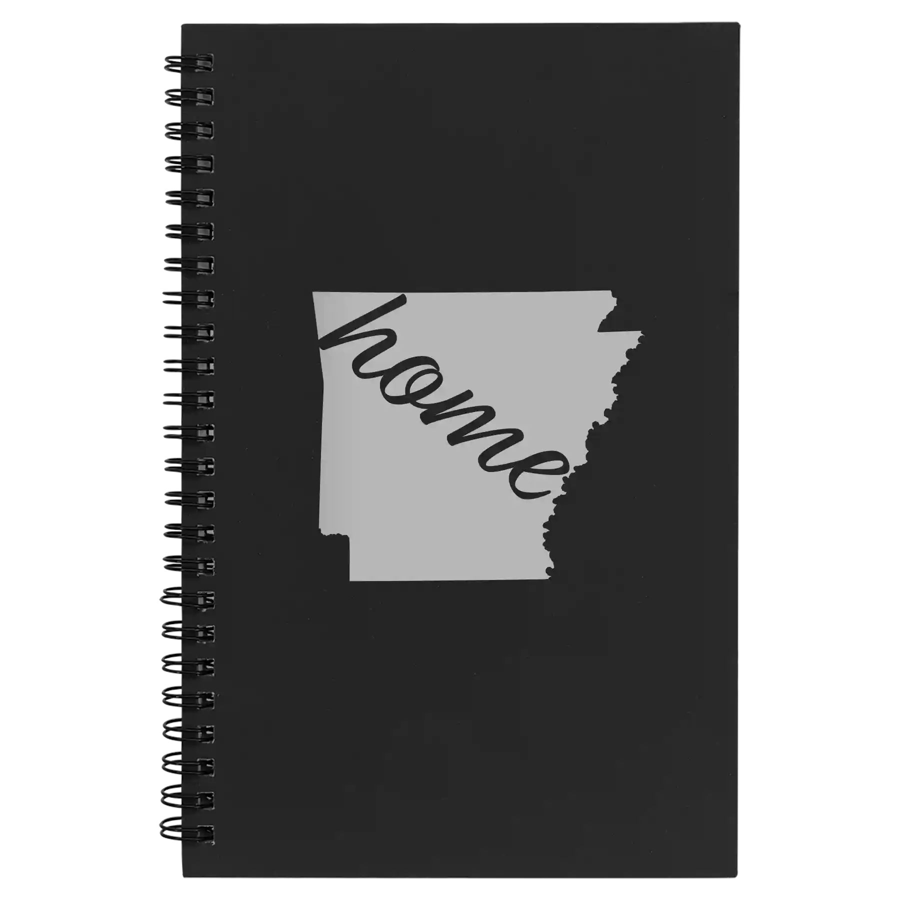 Small black spiral notebook laser etched with 'Arkansas Home' design