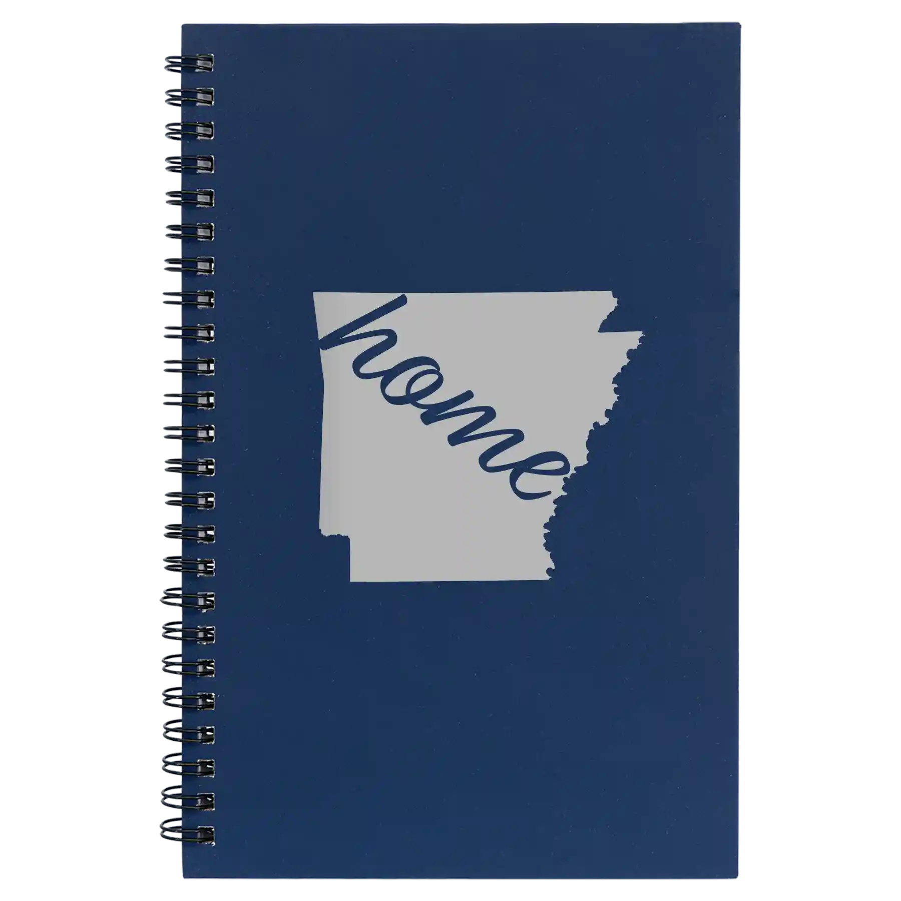 Small blue spiral notebook laser etched with 'Arkansas Home' design