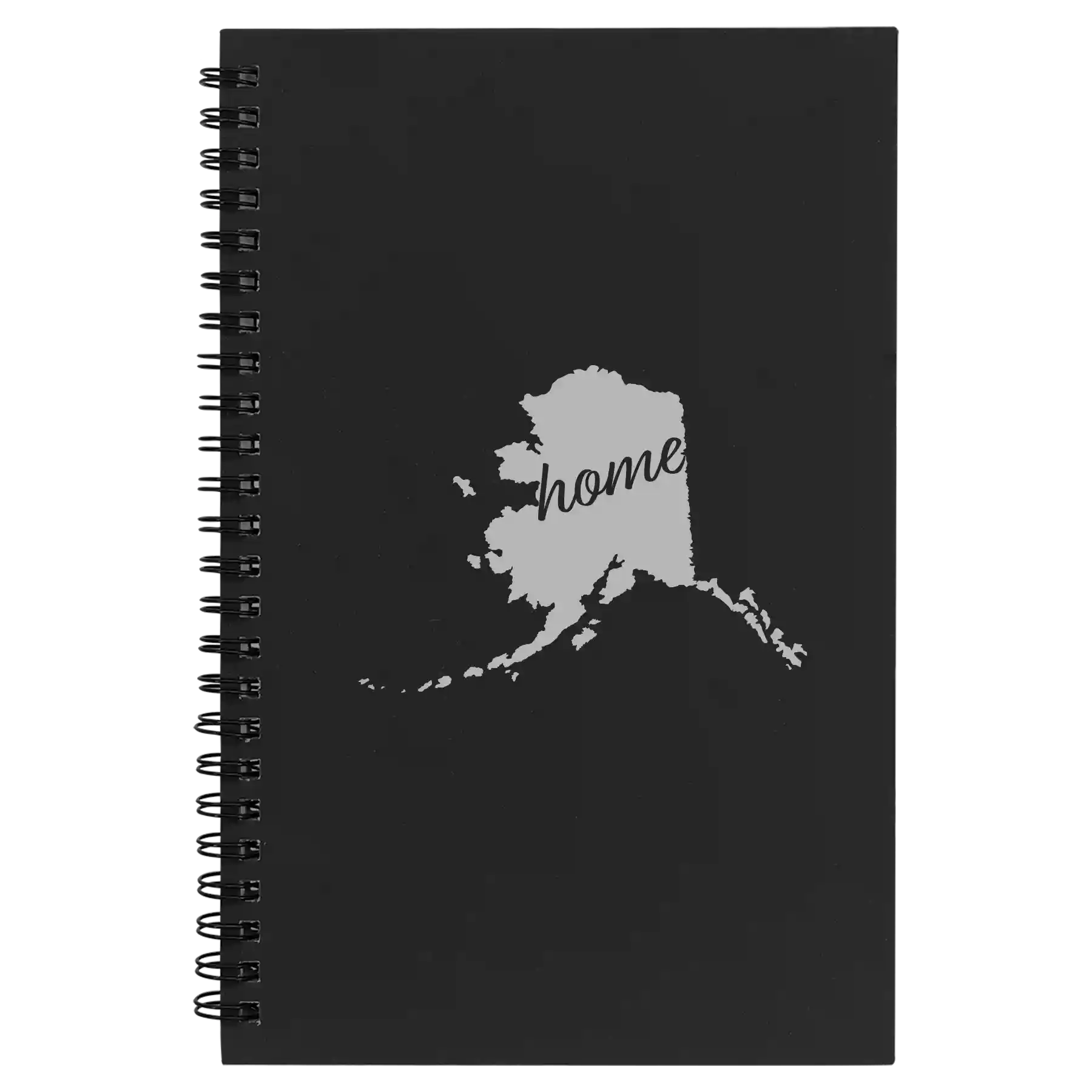 Small black spiral notebook laser etched with 'Alaska Home' design