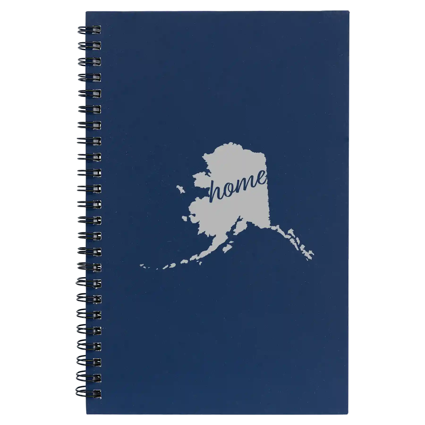 Small blue spiral notebook laser etched with 'Alaska Home' design