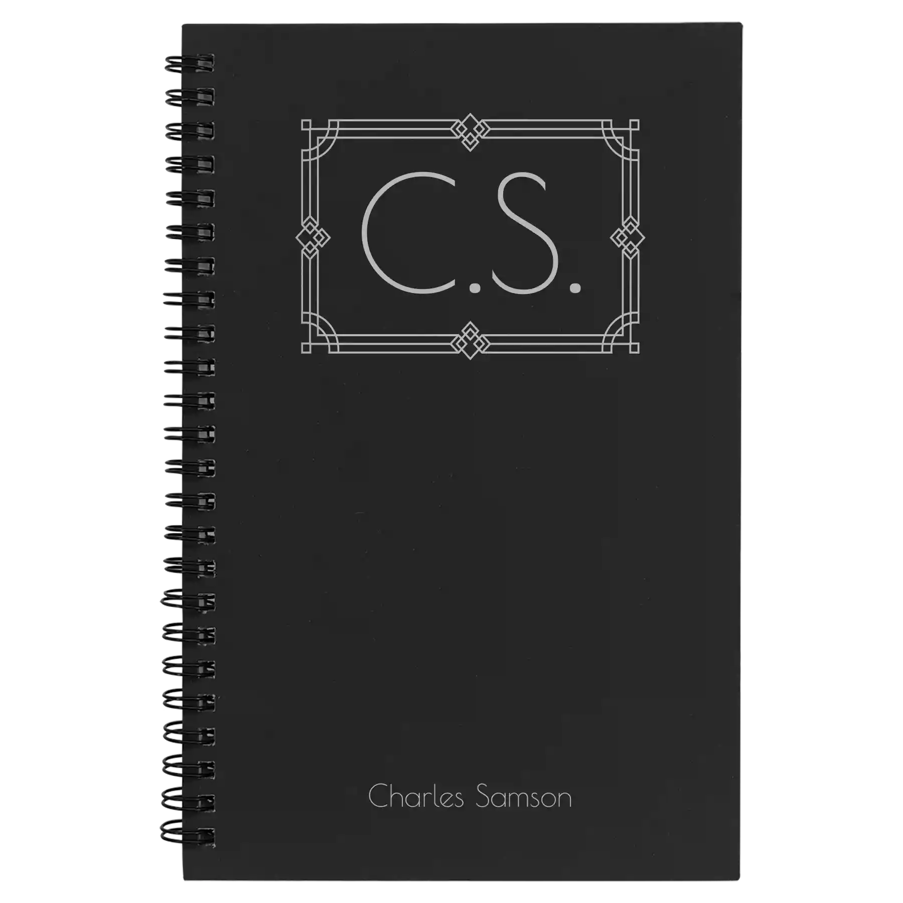 Small black spiral notebook laser etched with 'Art Deco Initials' design