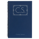 Small blue spiral notebook laser etched with 'Art Deco Initials' design