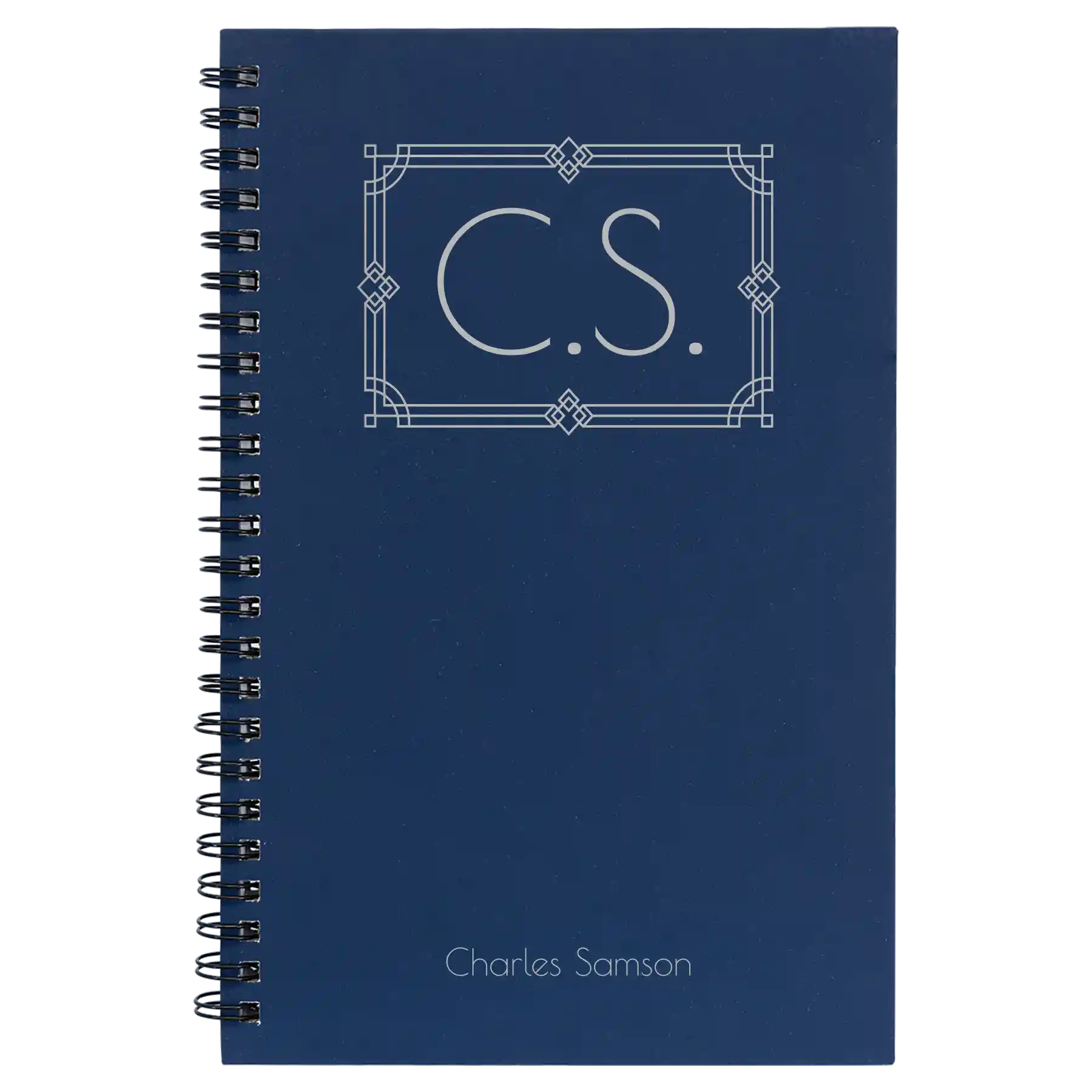 Small blue spiral notebook laser etched with 'Art Deco Initials' design