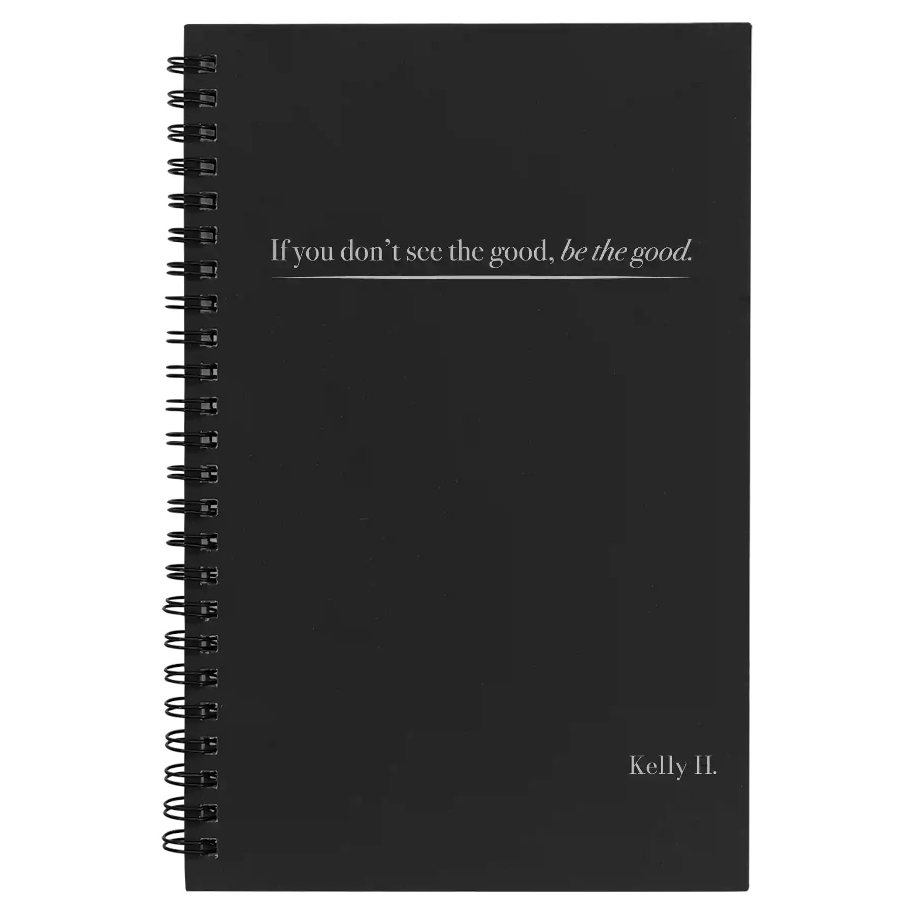 Small black spiral notebook laser etched with 'Be the Good' design