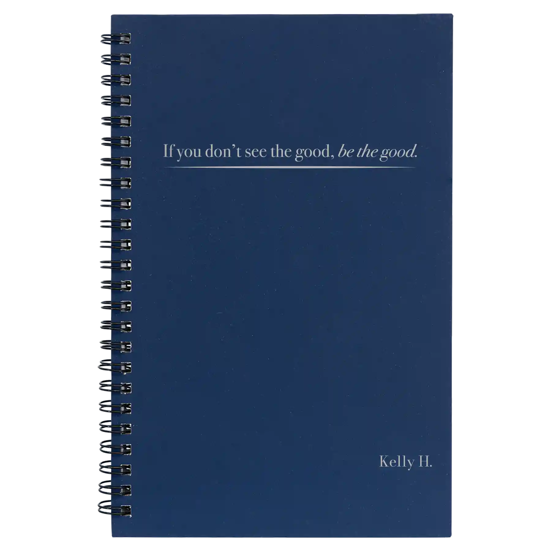 Small blue spiral notebook laser etched with 'Be the Good' design