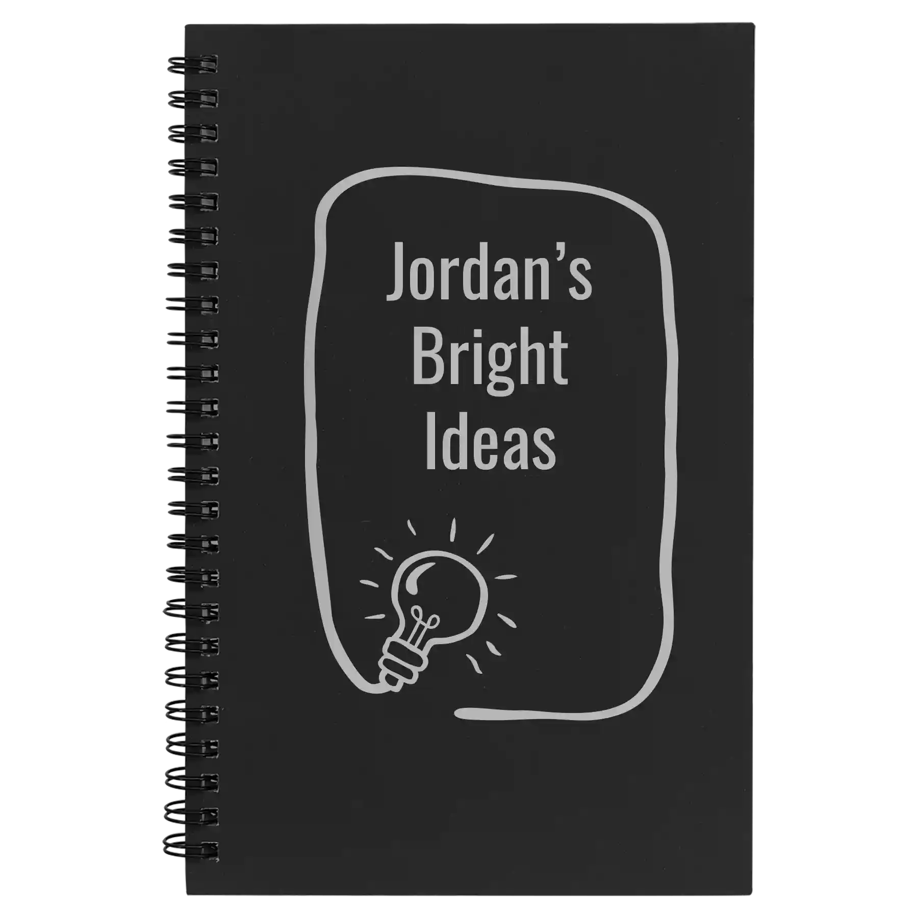 Small black spiral notebook laser etched with 'Bright Ideas Journal' design