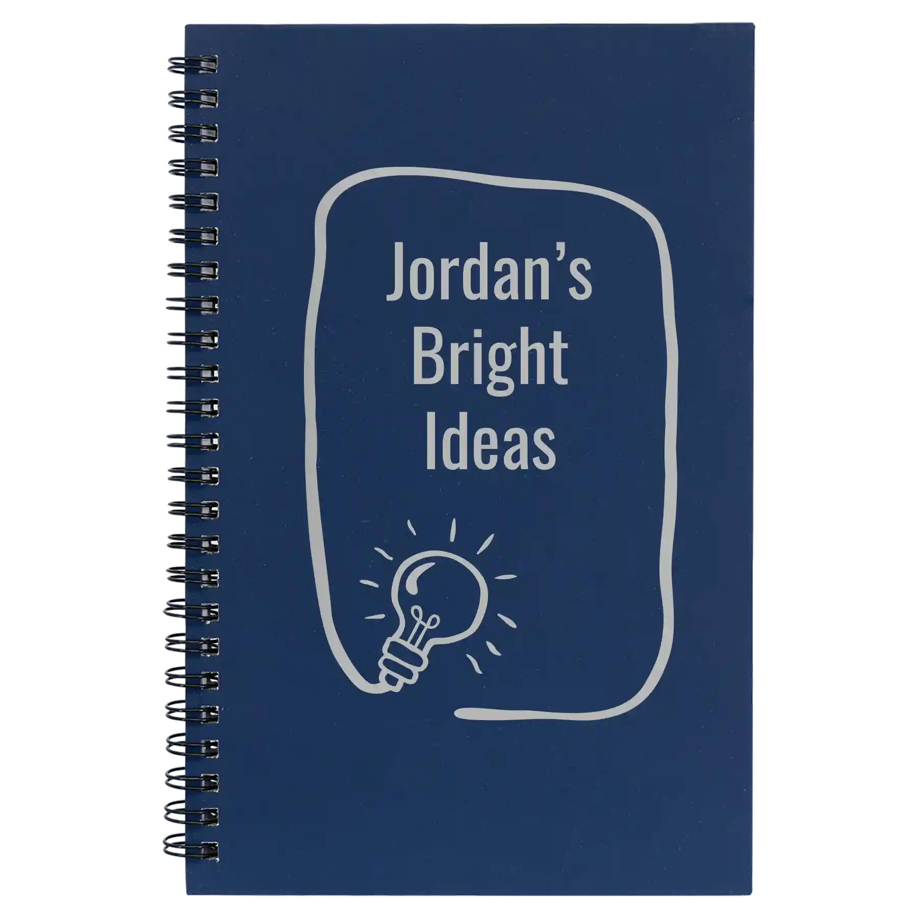 Small blue spiral notebook laser etched with 'Bright Ideas Journal' design